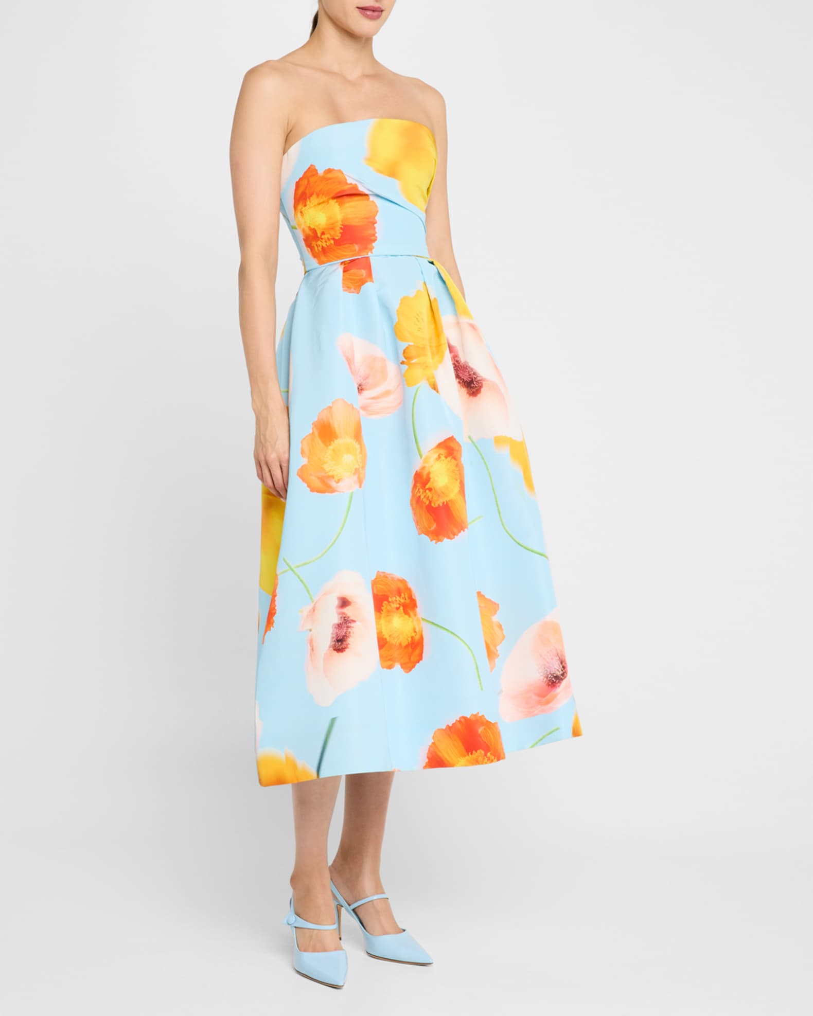 Floating Poppy-Print Strapless Tea-Length Dress 1