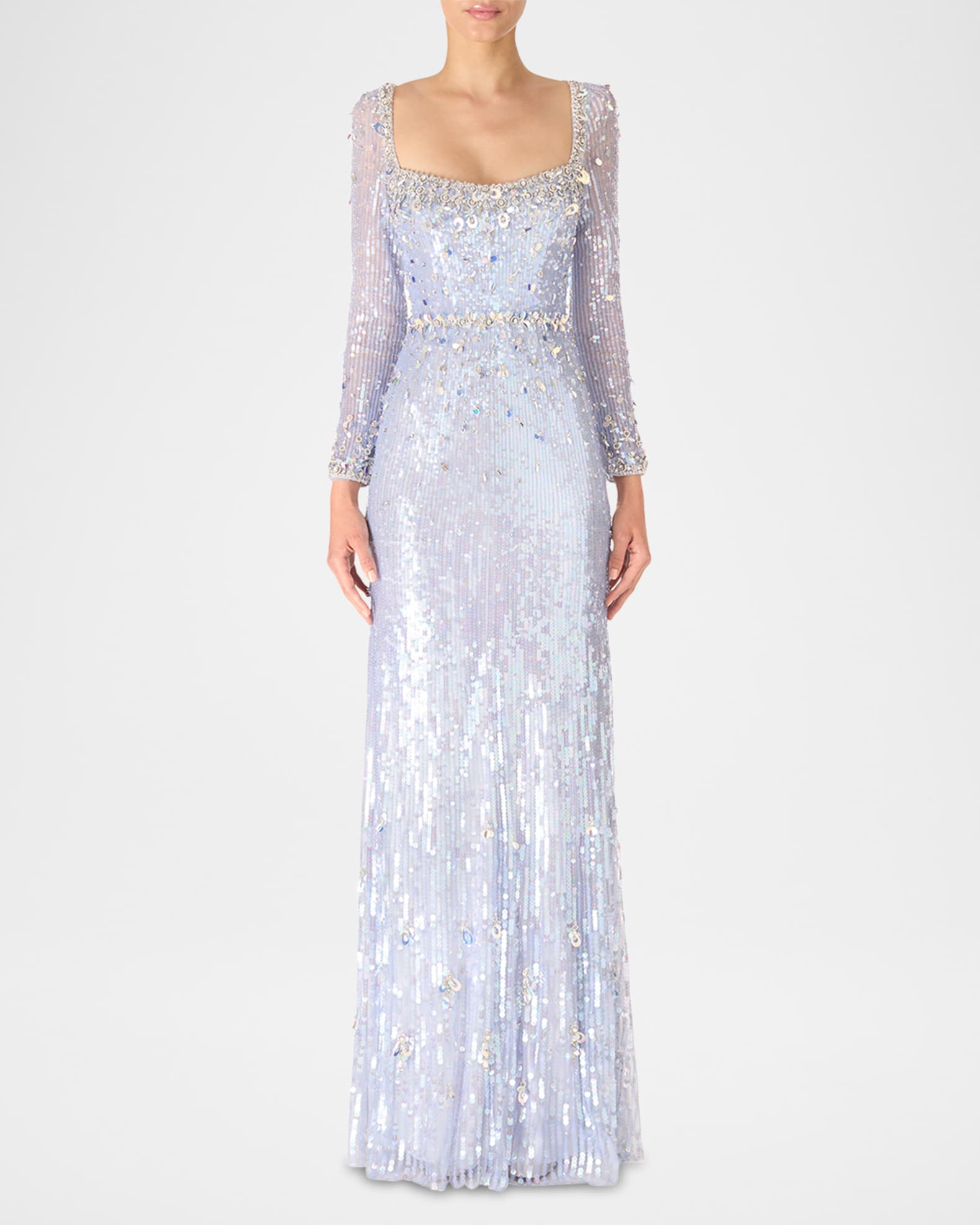 Kestra Embellished Long-Sleeve Sequin Gown 0