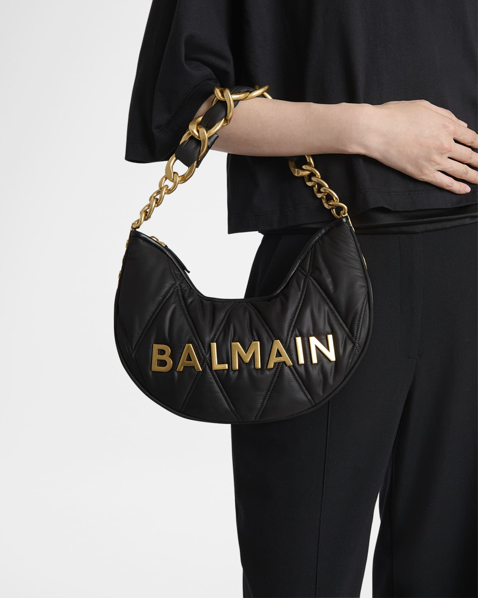 Balmain 1945 Moon Shoulder Bag in Grid Quilted Nylon