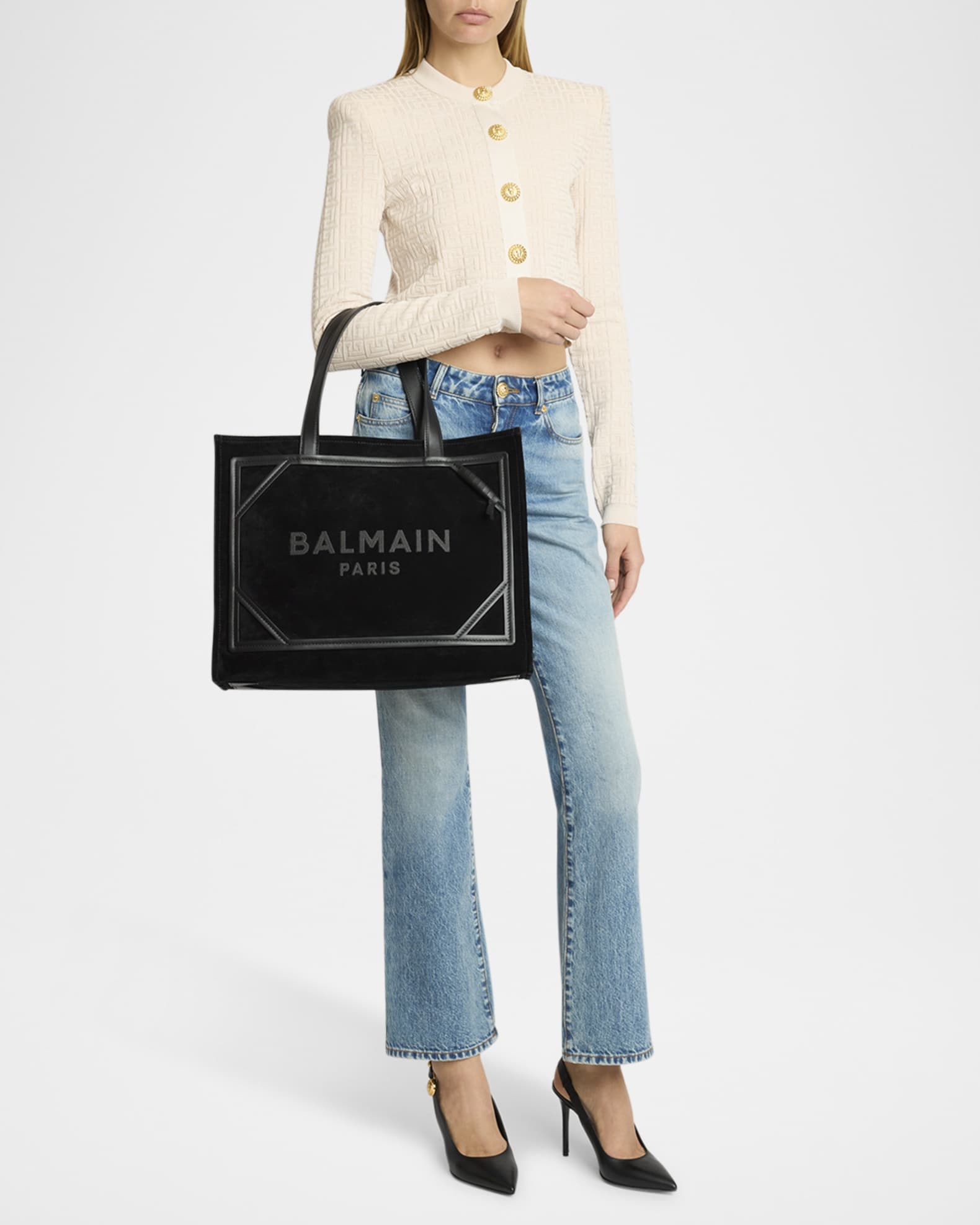 Balmain B Army Medium Shopper Tote Bag in Suede | Neiman Marcus