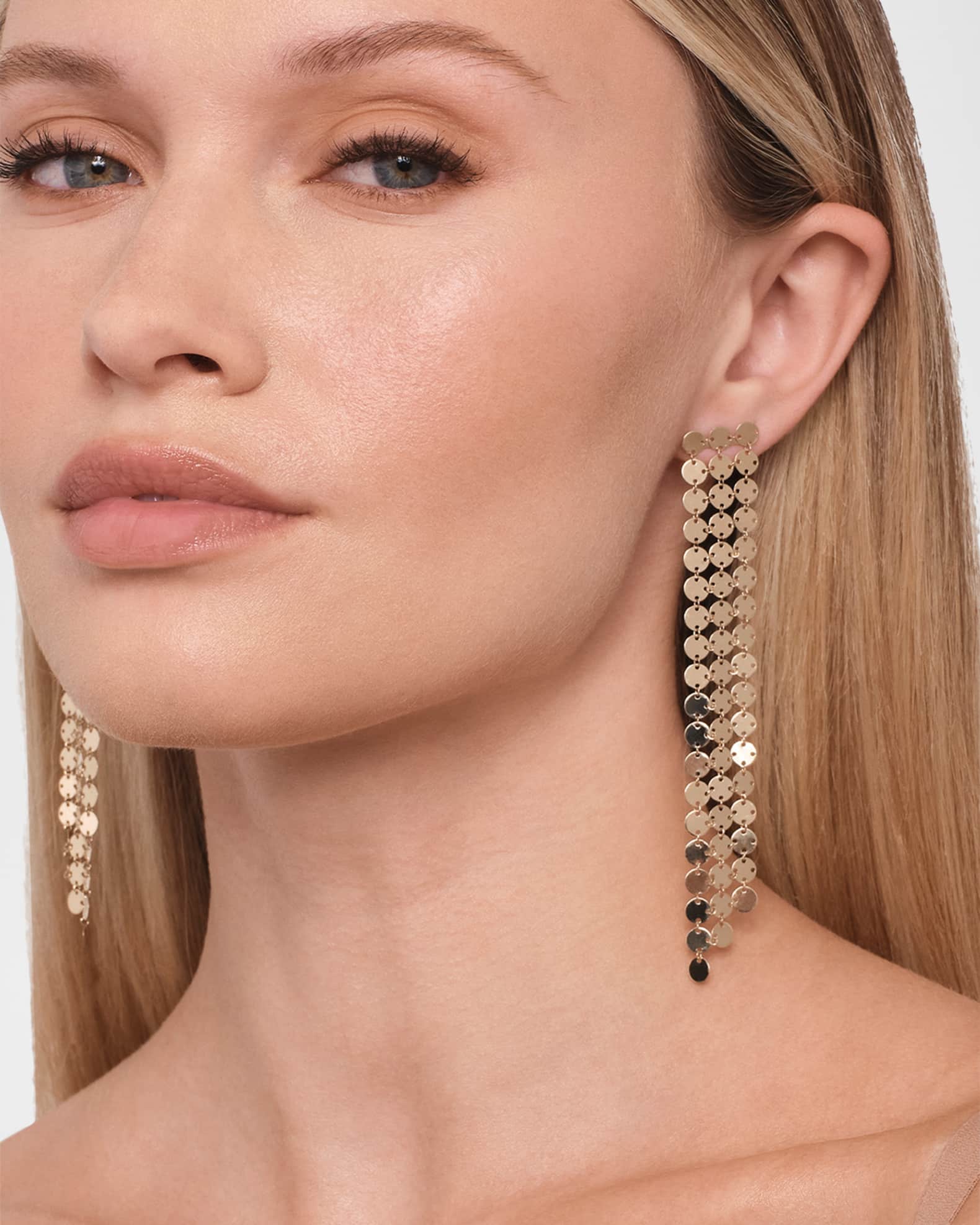 14K Yellow Gold 3-Strand Long Laser Disc Chainmail Fringe Earrings 1