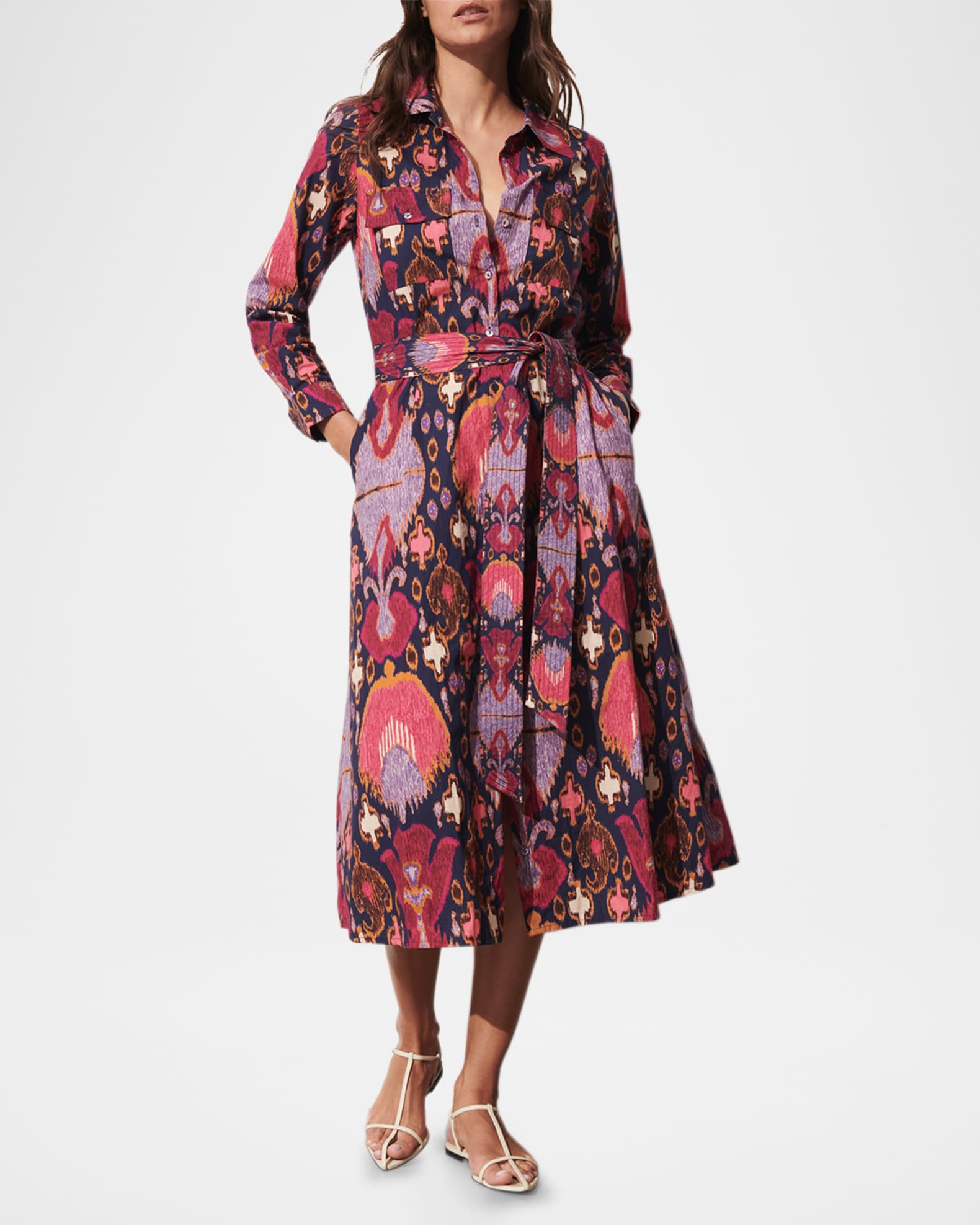 Bassa Printed Long-Sleeve Belted Midi Shirtdress