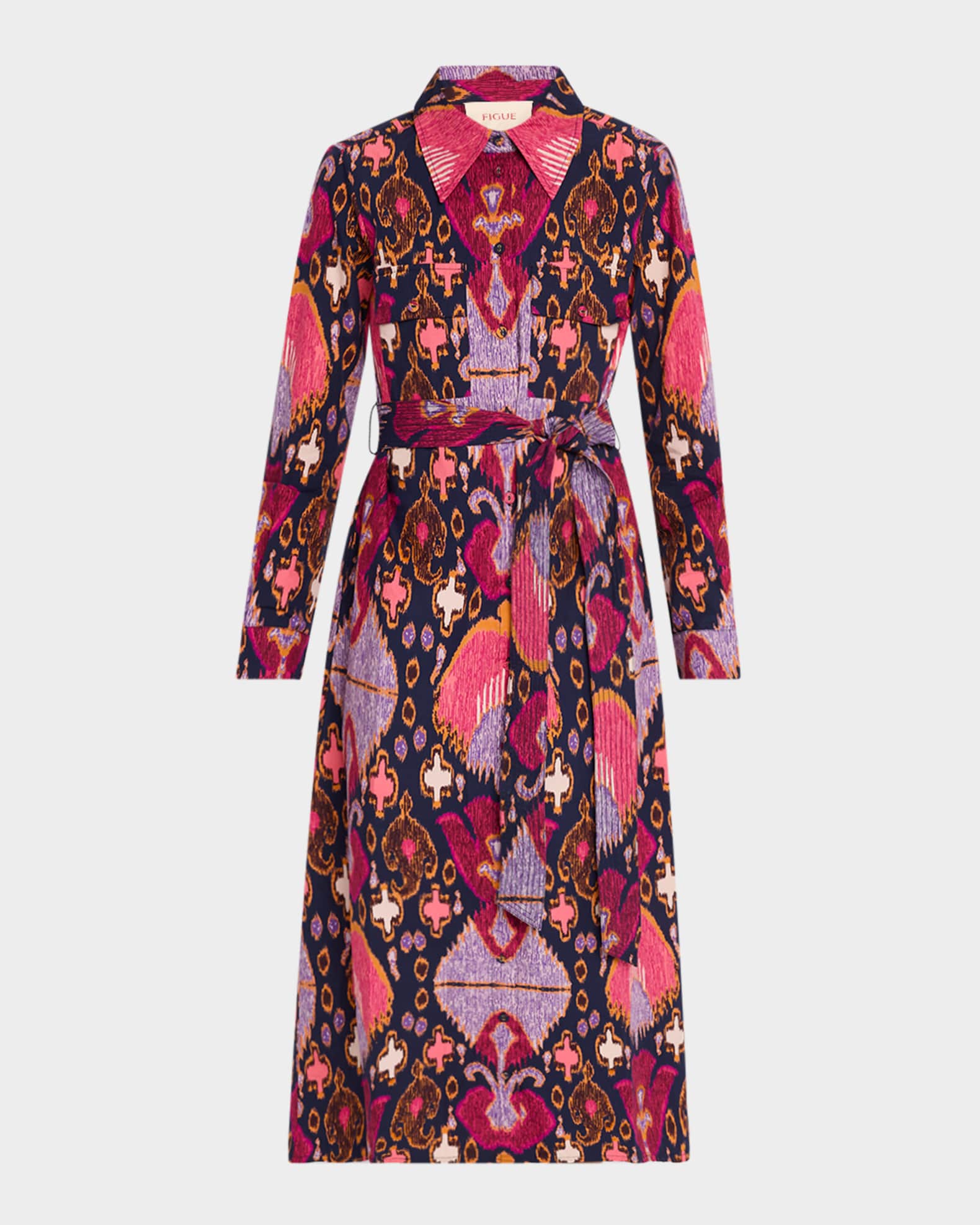 Bassa Printed Long-Sleeve Belted Midi Shirtdress 0