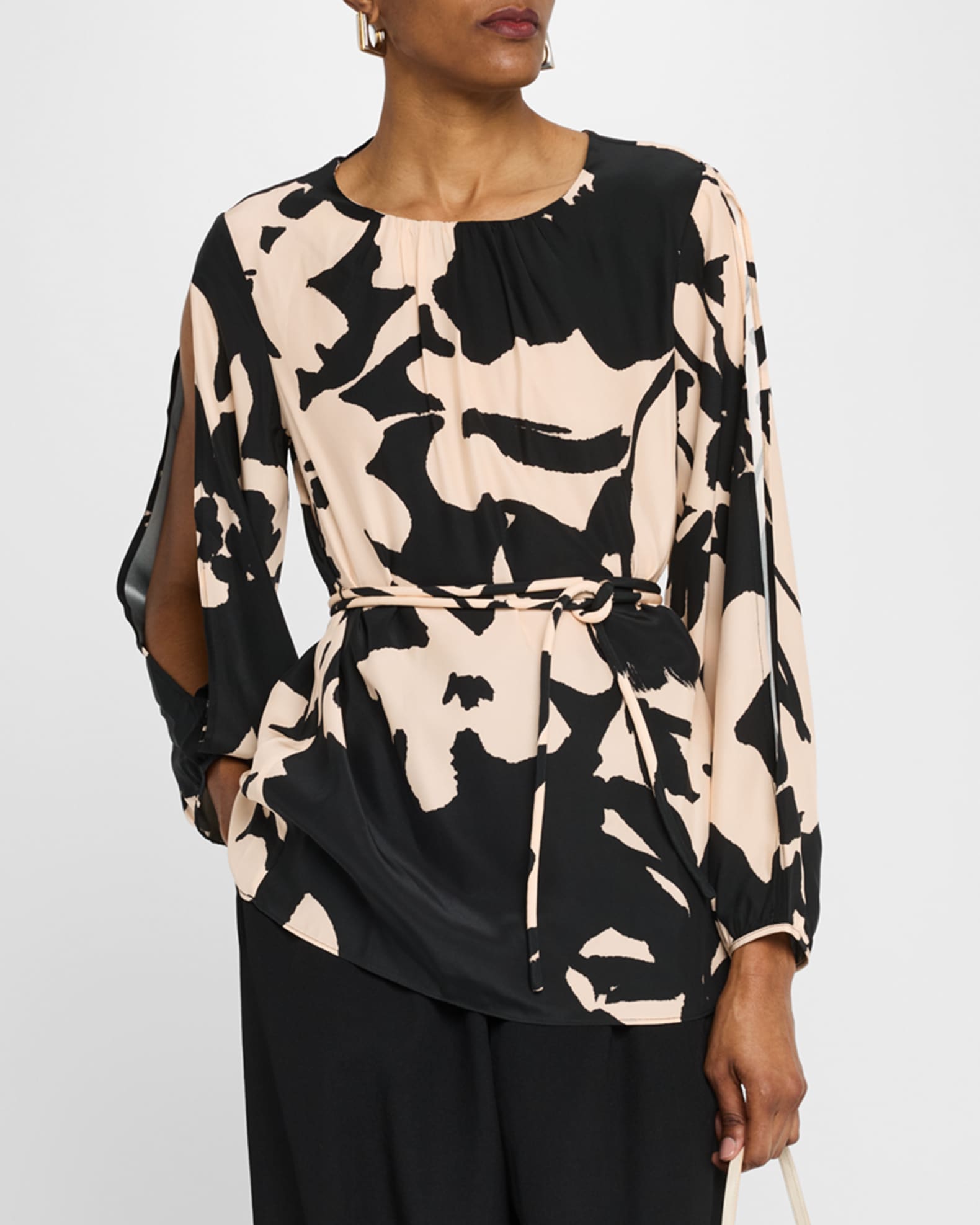 Figue Kasey Floral Belted Slit-Sleeve Silk Tunic | Neiman Marcus