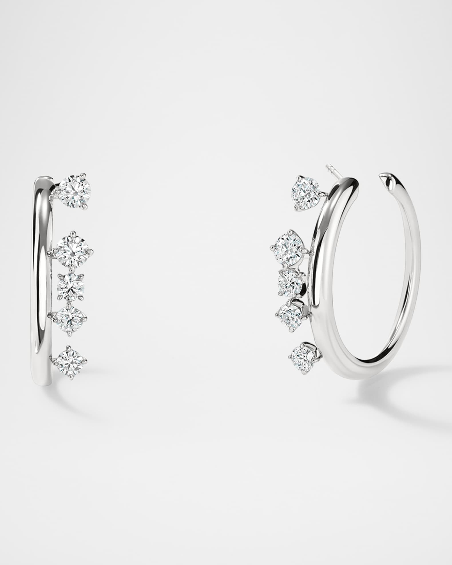 18K White Gold Barre Floating Diamond Small Hoop Earrings 0