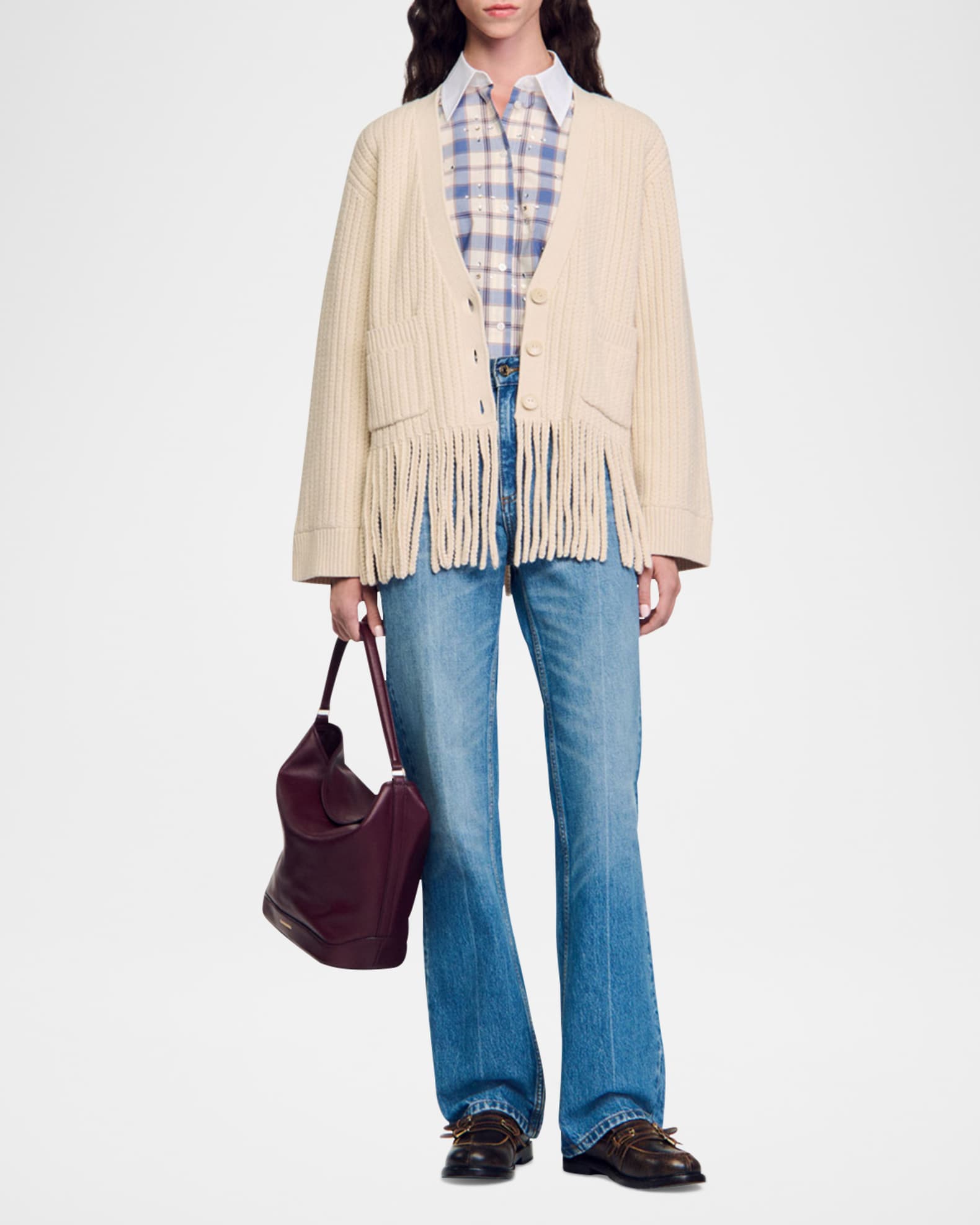 Zoe Textured Fringe-Trim Cardigan 1
