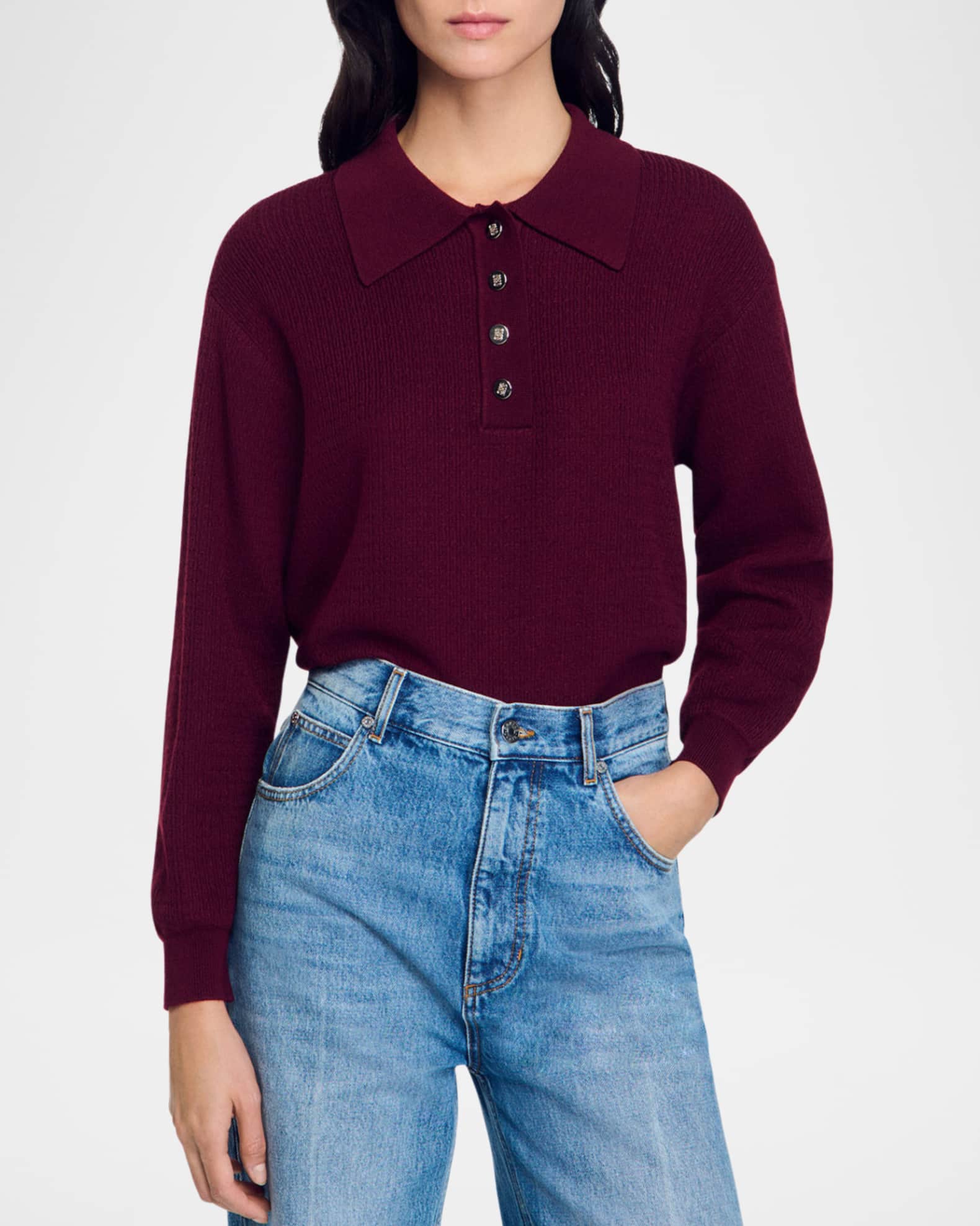 Sandro Alfonso Cable-Knit Polo Sweater | Neiman Marcus