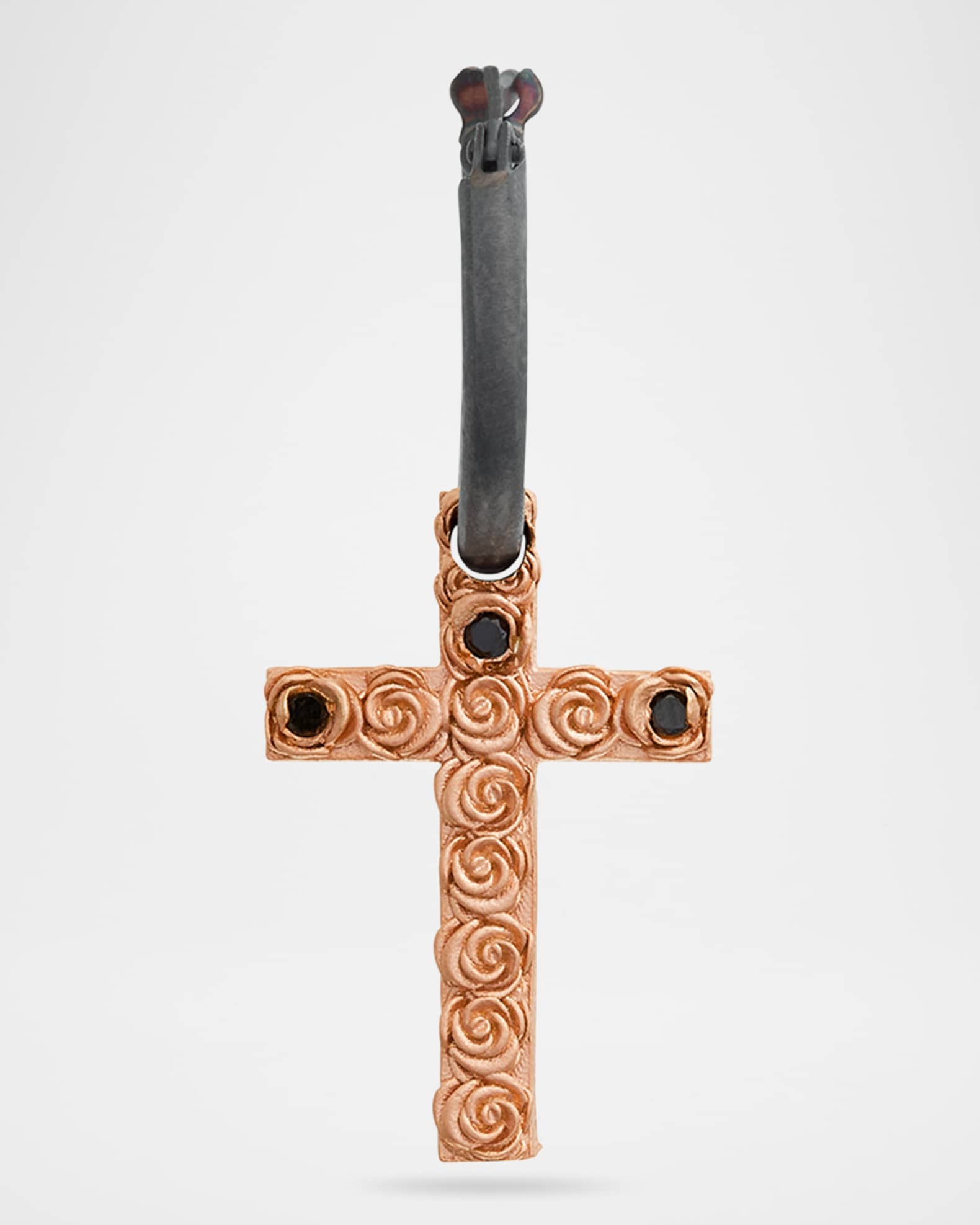 The Cross Bed of Roses Mono Earring in Oxidized Silver and 18K Rose Gold Vermeil with Black Diamonds, Single 0