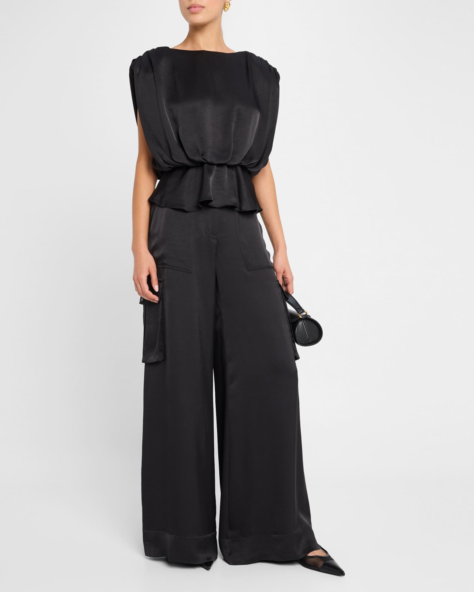 Saylor Strong-Shoulder Silky Satin Blouse 1