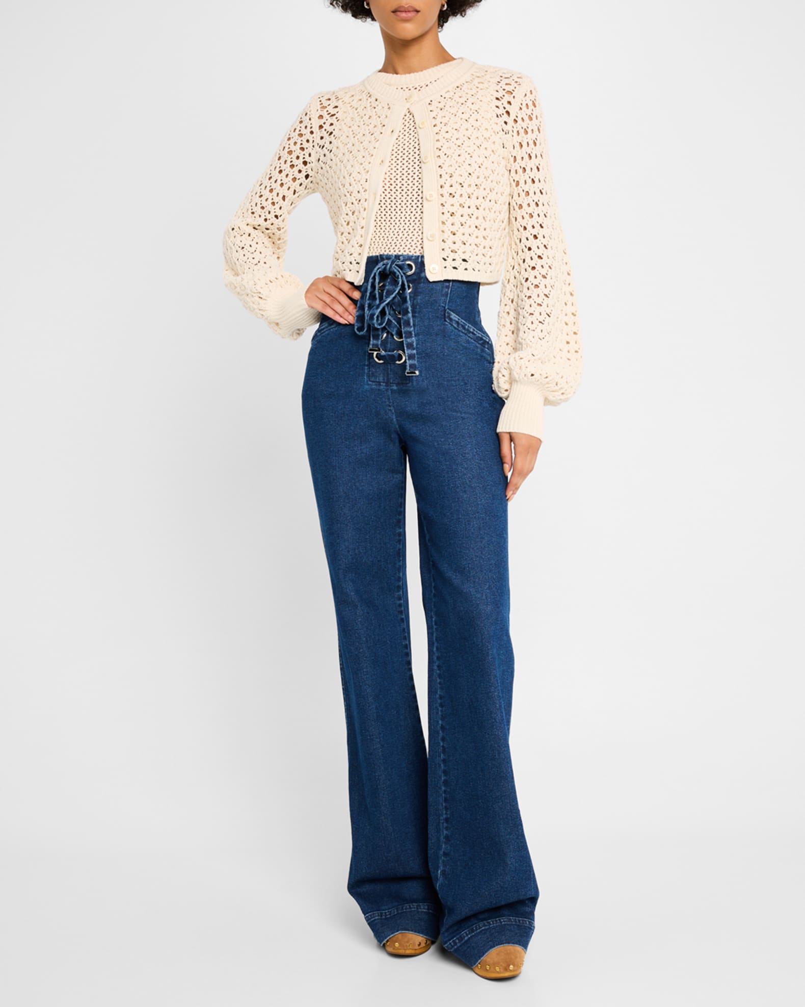 Tori Blouson-Sleeve Crochet Cardigan 1