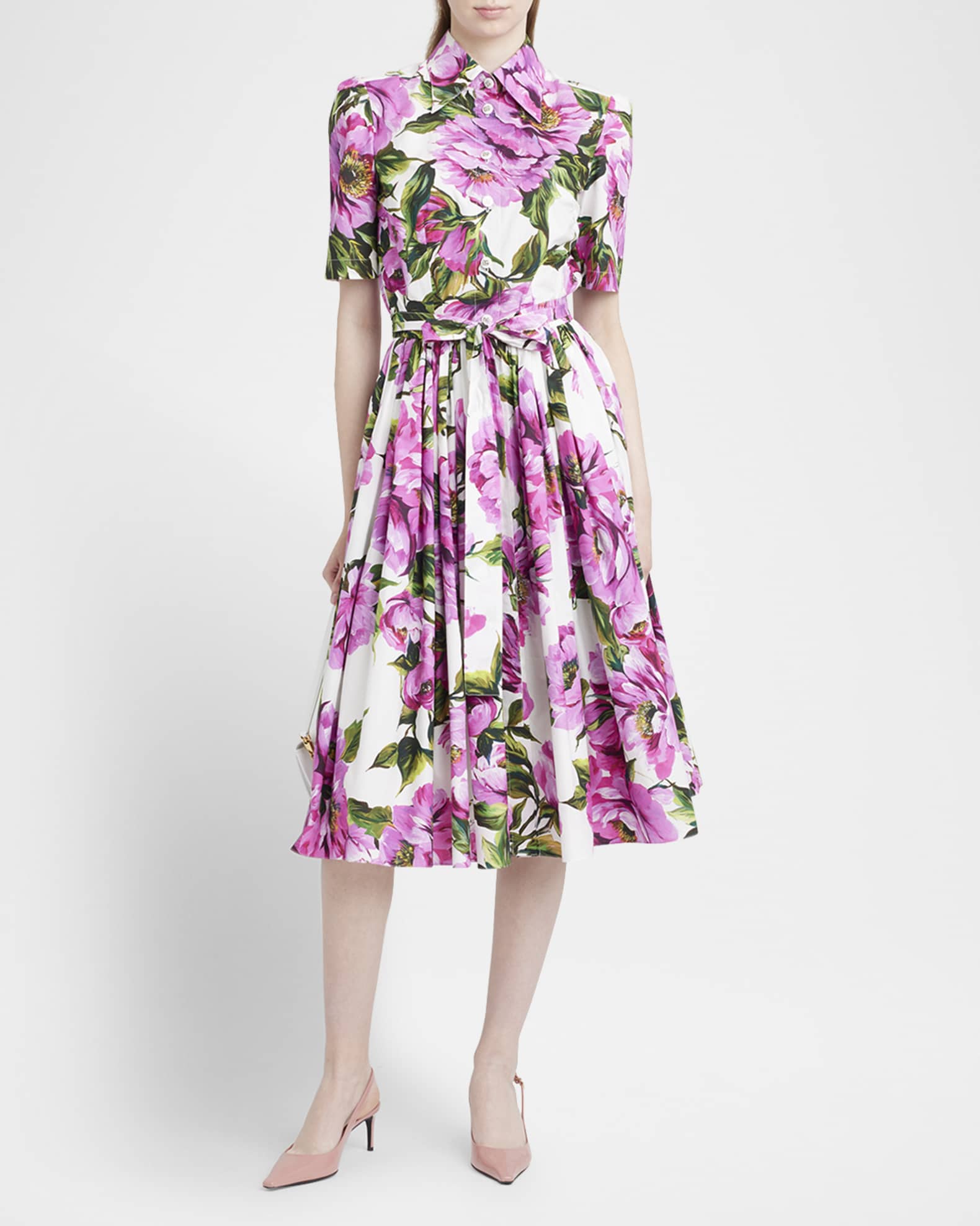 Peony-Print Short-Sleeve Pleated Midi Shirtdress 1