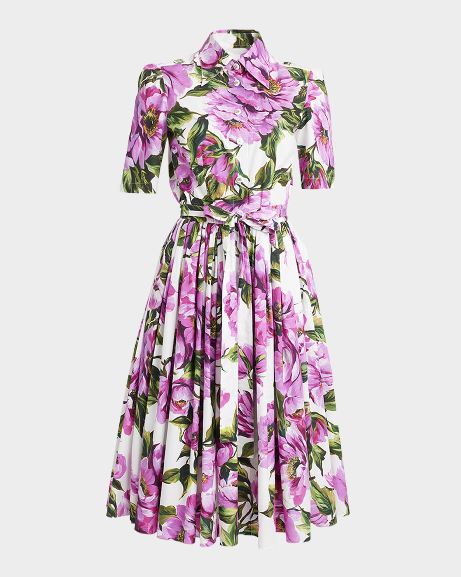 Peony-Print Short-Sleeve Pleated Midi Shirtdress 0