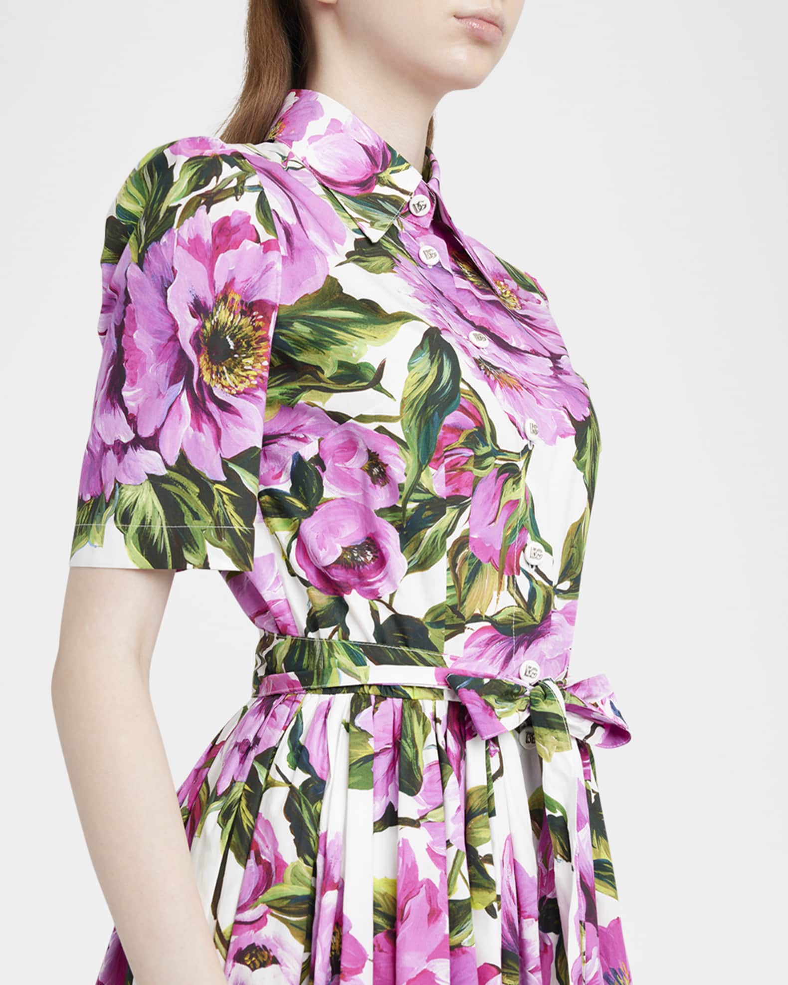 Dolce&Gabbana Peony-Print Short-Sleeve Pleated Midi