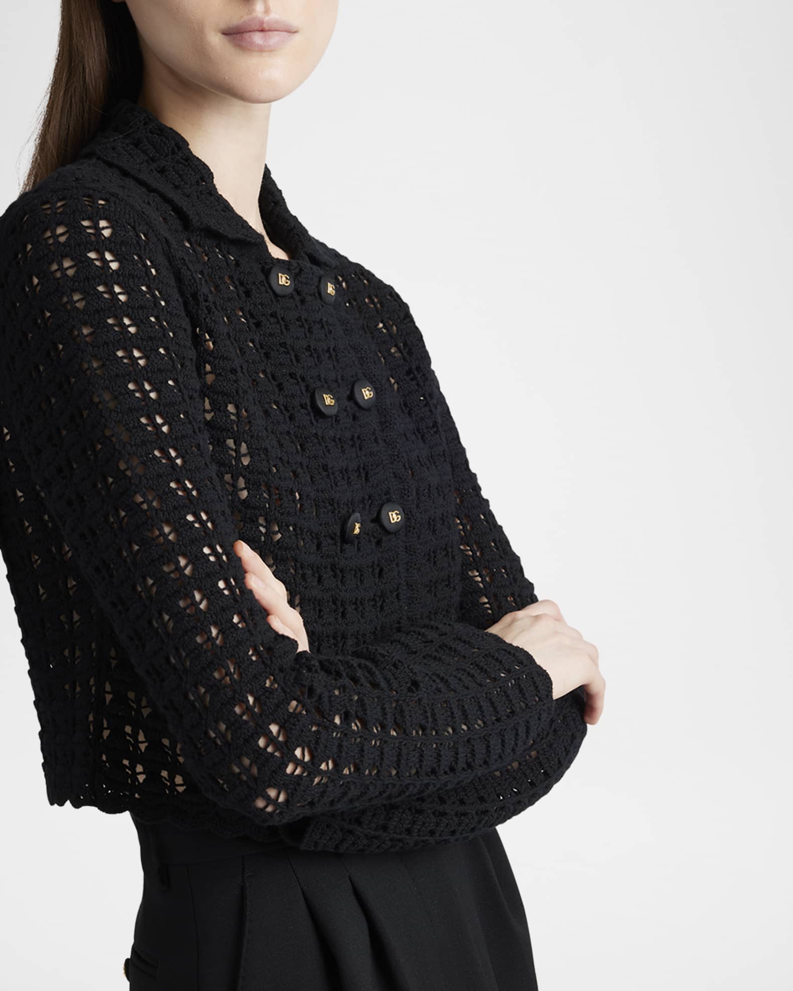 Dolce&Gabbana Double-Breasted Crochet Knit Crop Jacket | Neiman Marcus