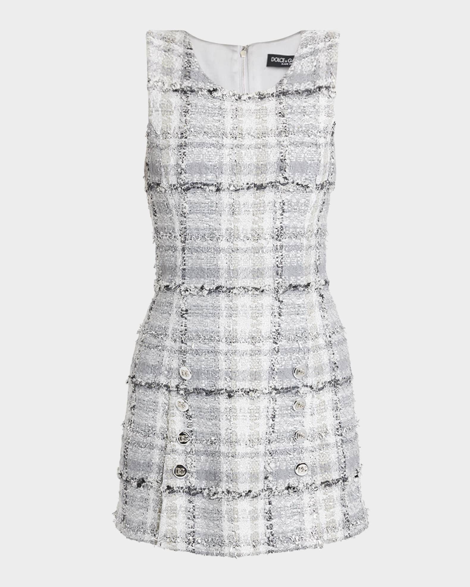 Rachel Button-Front Check Eyelash Tweed Mini Dress 0