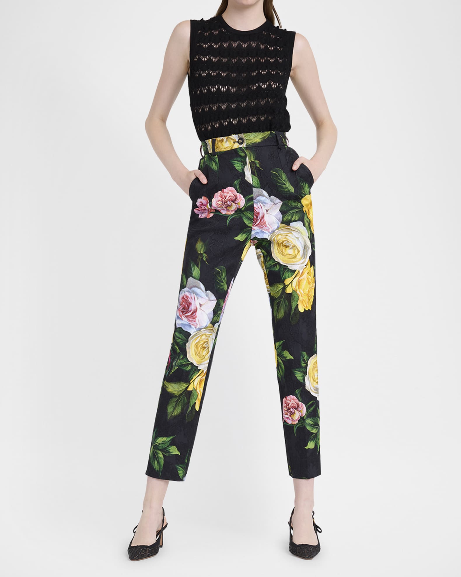 Peony Rose Brocade Slim-Leg Ankle Pants 1
