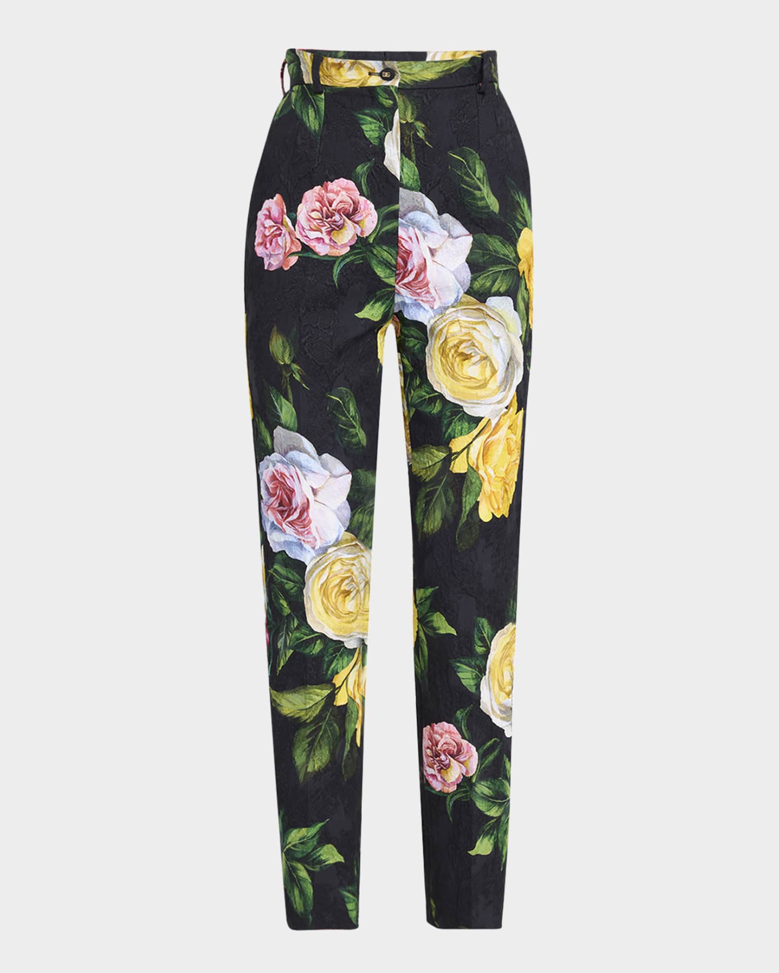 Peony Rose Brocade Slim-Leg Ankle Pants 0