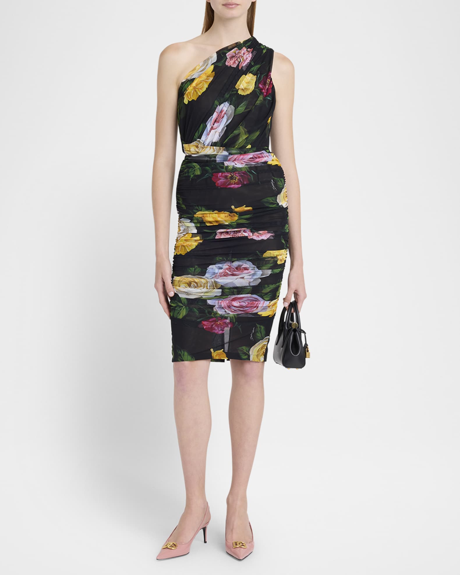 大流行中！ Dolce&Gabbana Peony Rose-Print One-Shoulder Ruched Tulle ワンピース