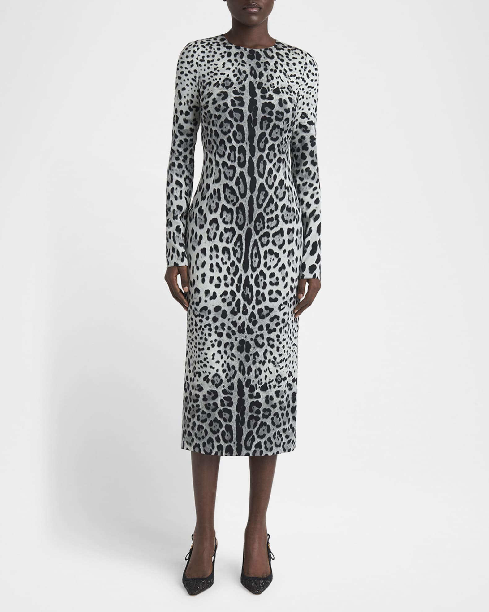 Leopard-Print Long-Sleeve Charmeuse Midi Dress 1