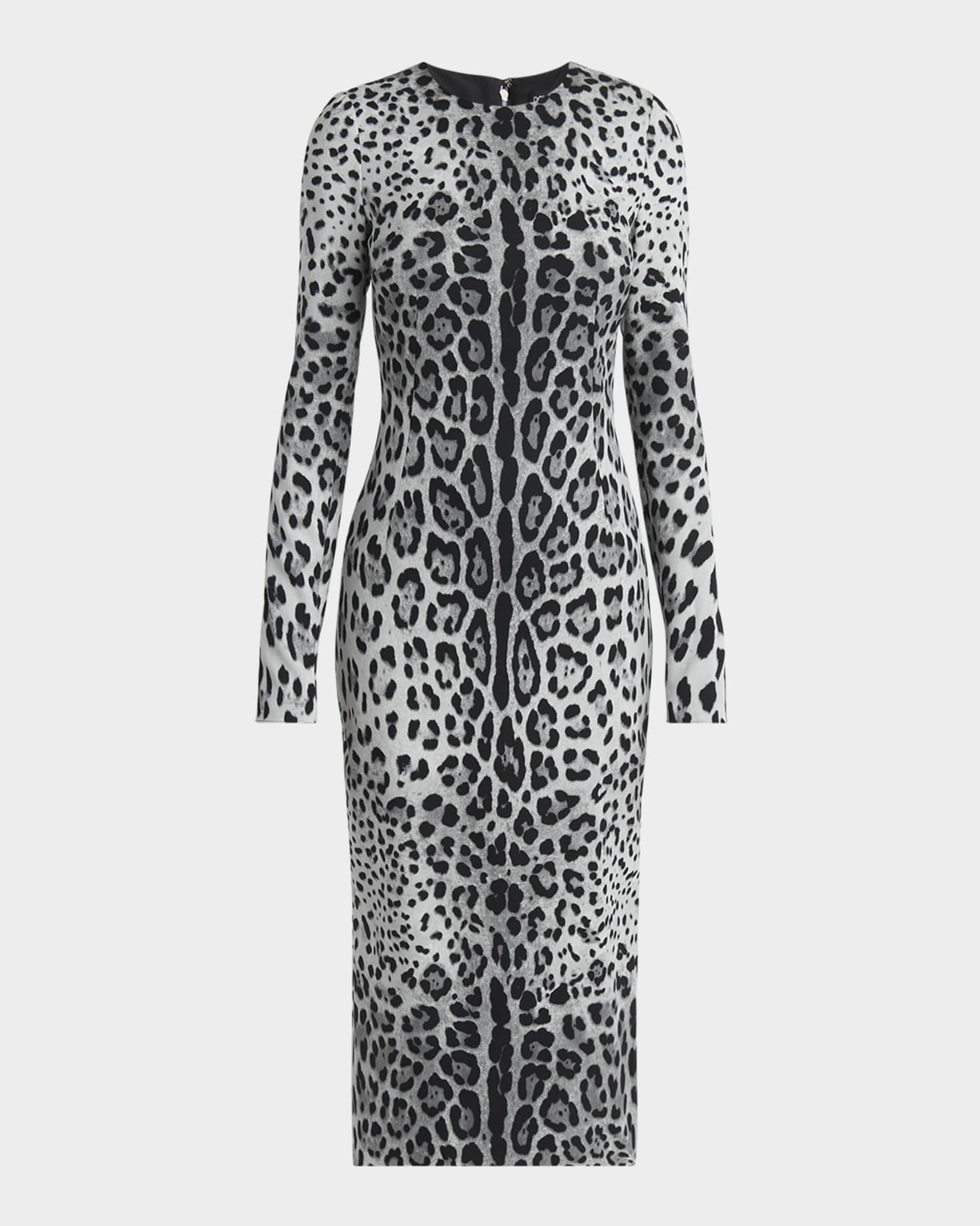Leopard-Print Long-Sleeve Charmeuse Midi Dress 0