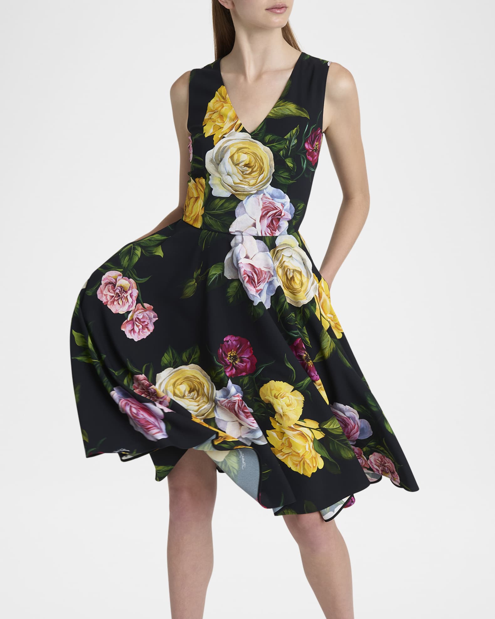 Dolce&Gabbana Peony Rose Cady Sleeveless Midi Dress | Neiman