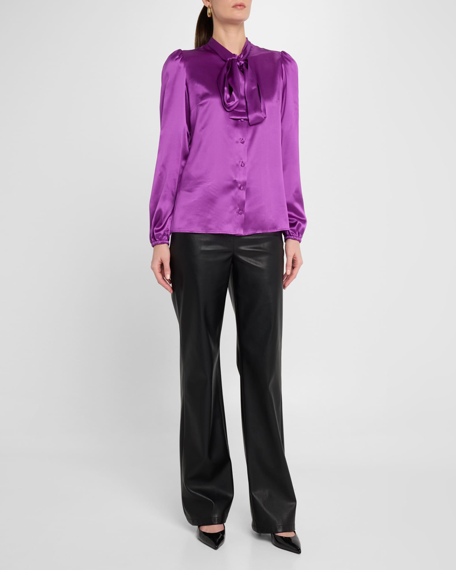 Bow-Neck Silk Button-Down Blouse 1