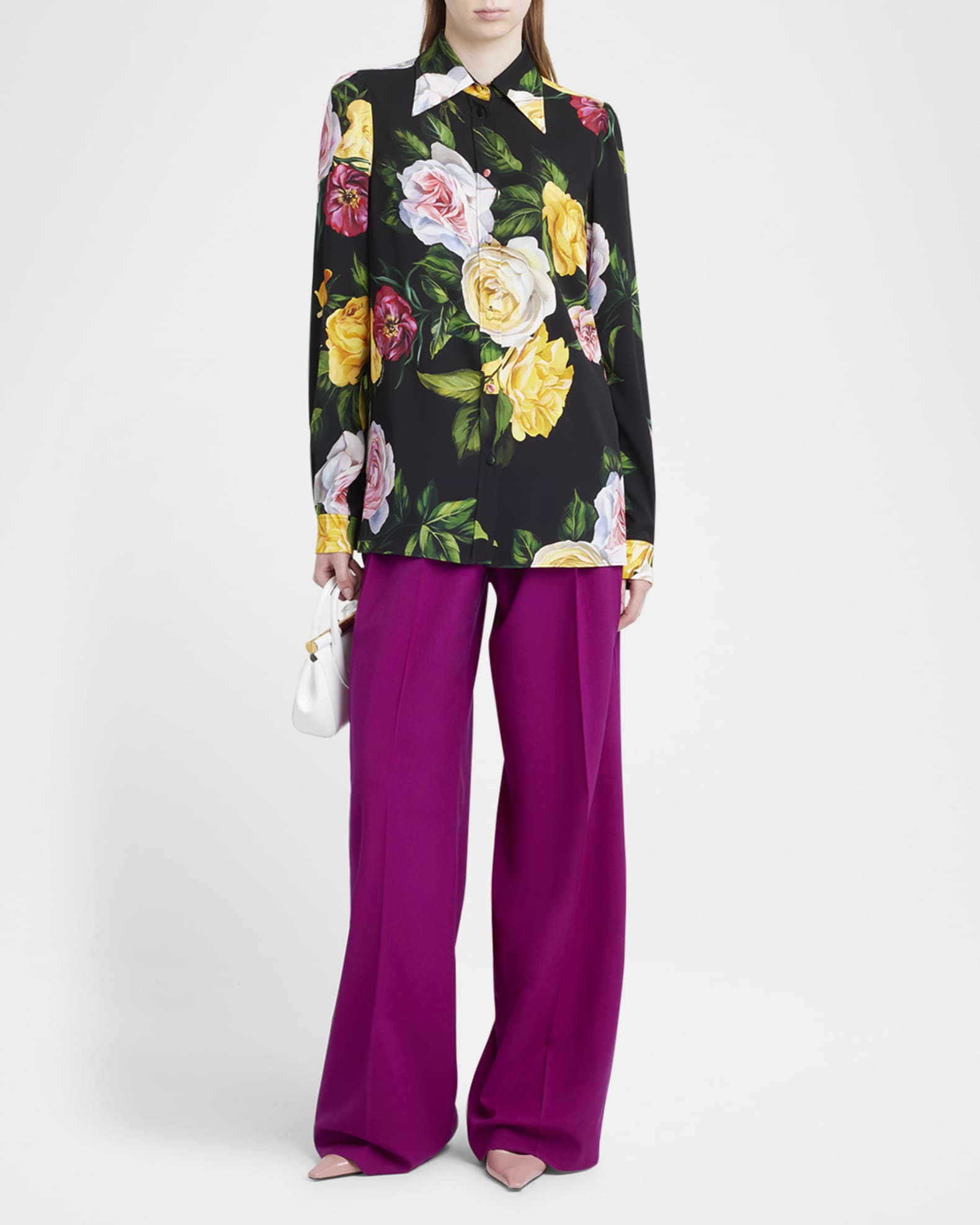 Peony Rose-Print Charmeuse Button-Down Shirt 1
