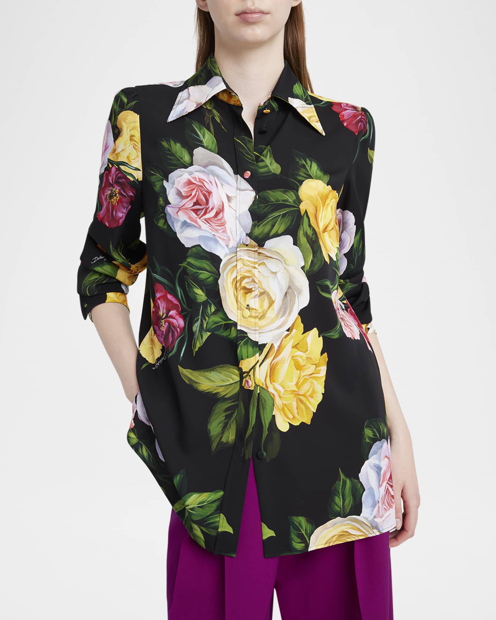 Dolce&Gabbana Peony Rose-Print Charmeuse Button-Down Shirt