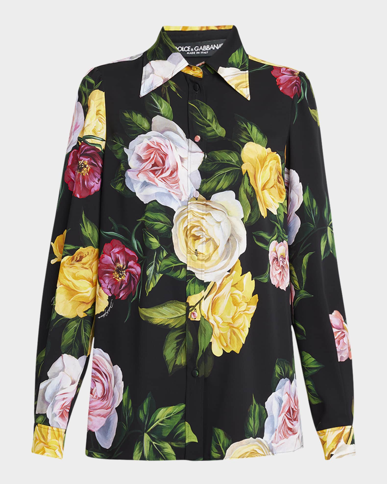 Peony Rose-Print Charmeuse Button-Down Shirt 0