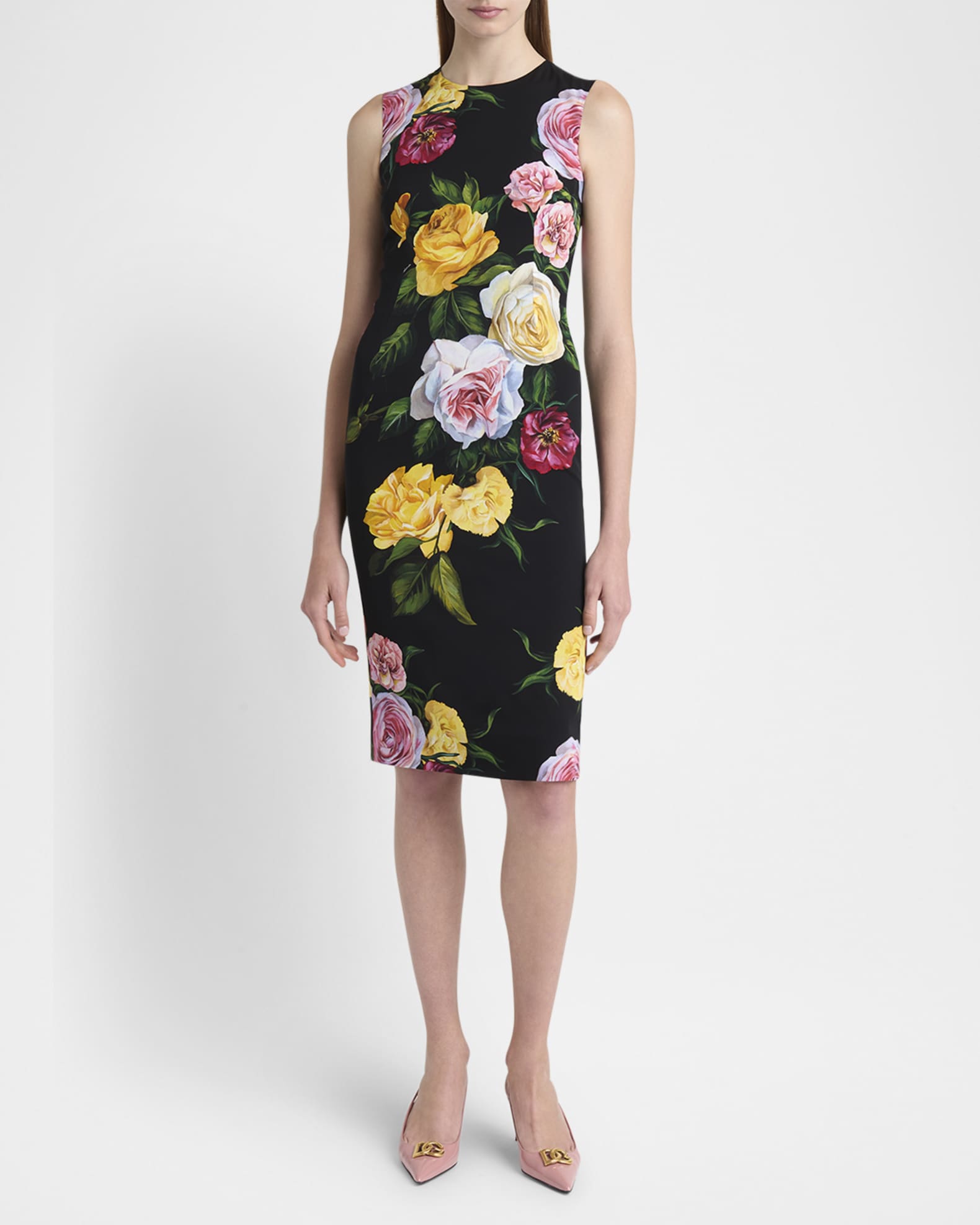Peony Rose Print Sleeveless Charmeuse Midi Dress 1