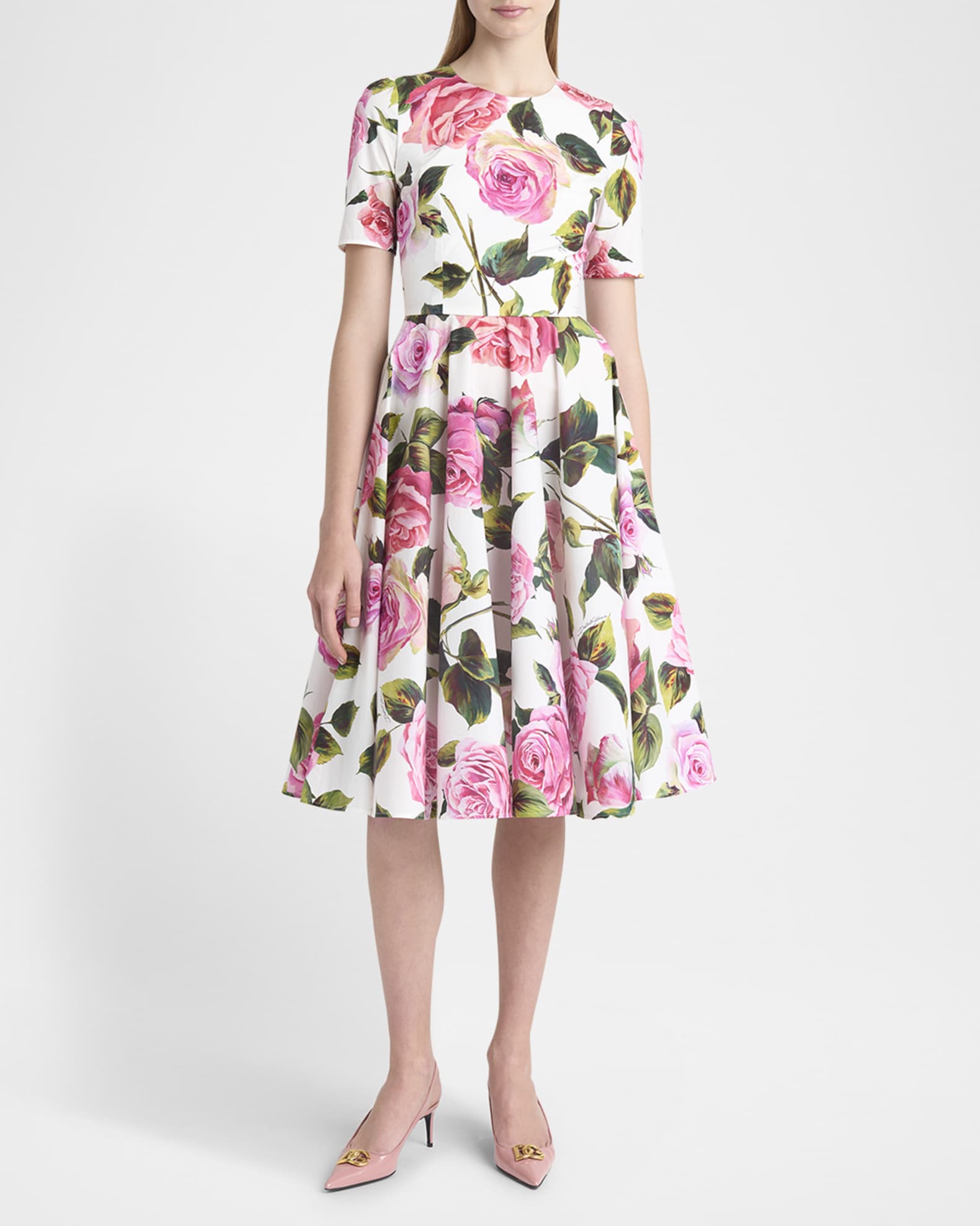 Rose-Print Short-Sleeve Fit-&-Flare Midi Dress 1