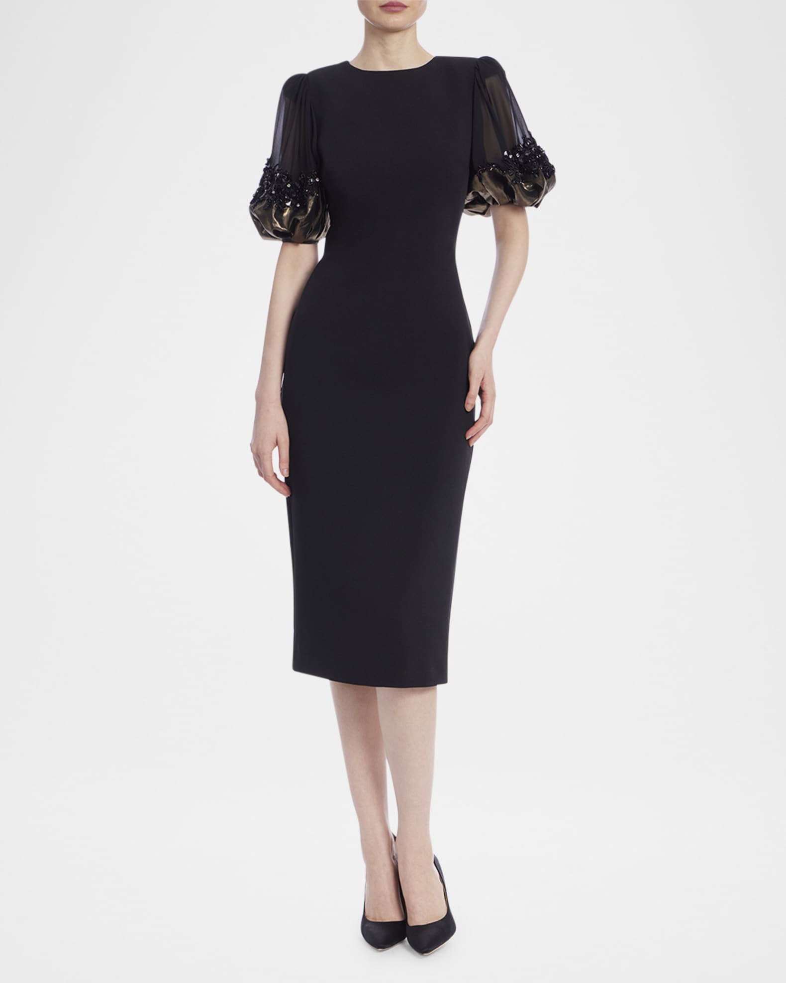Badgley Mischka Beaded Metallic Cuff Midi Sheath Dress Black Gold
