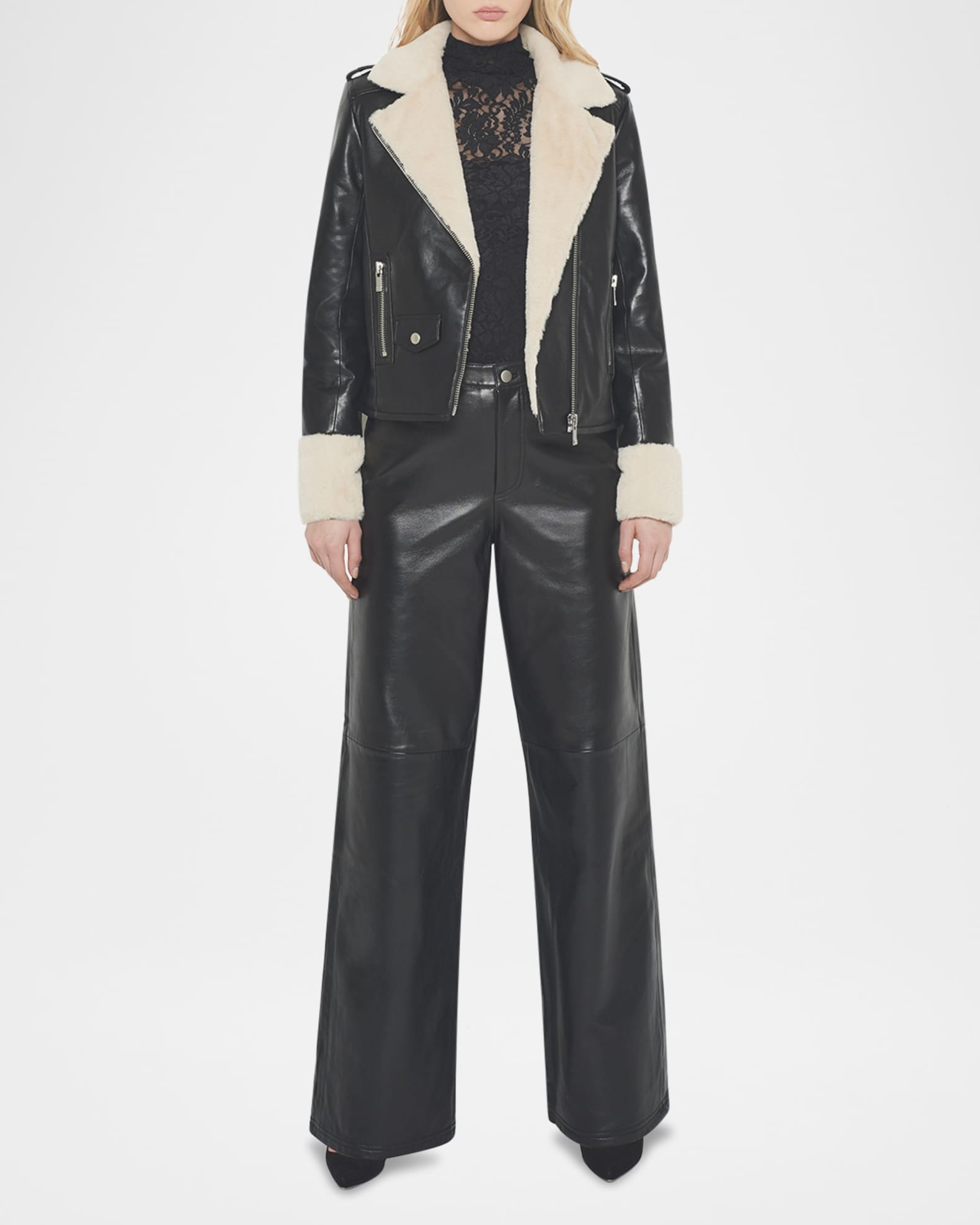 Sydney Recycled Leather Moto Jacket with Faux Fur Trim 1