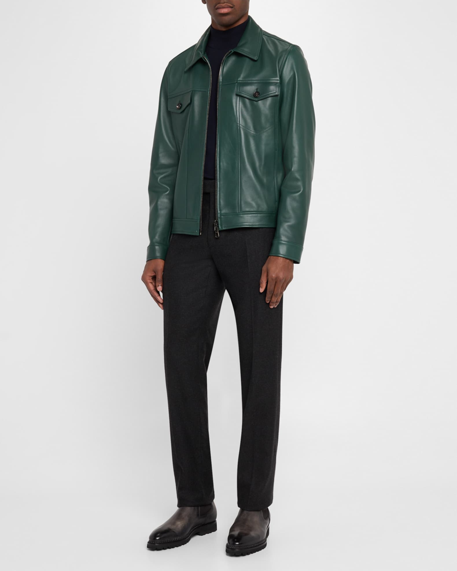 Isaia Men's Full-Zip Lambskin Trucker Jacket | Neiman Marcus