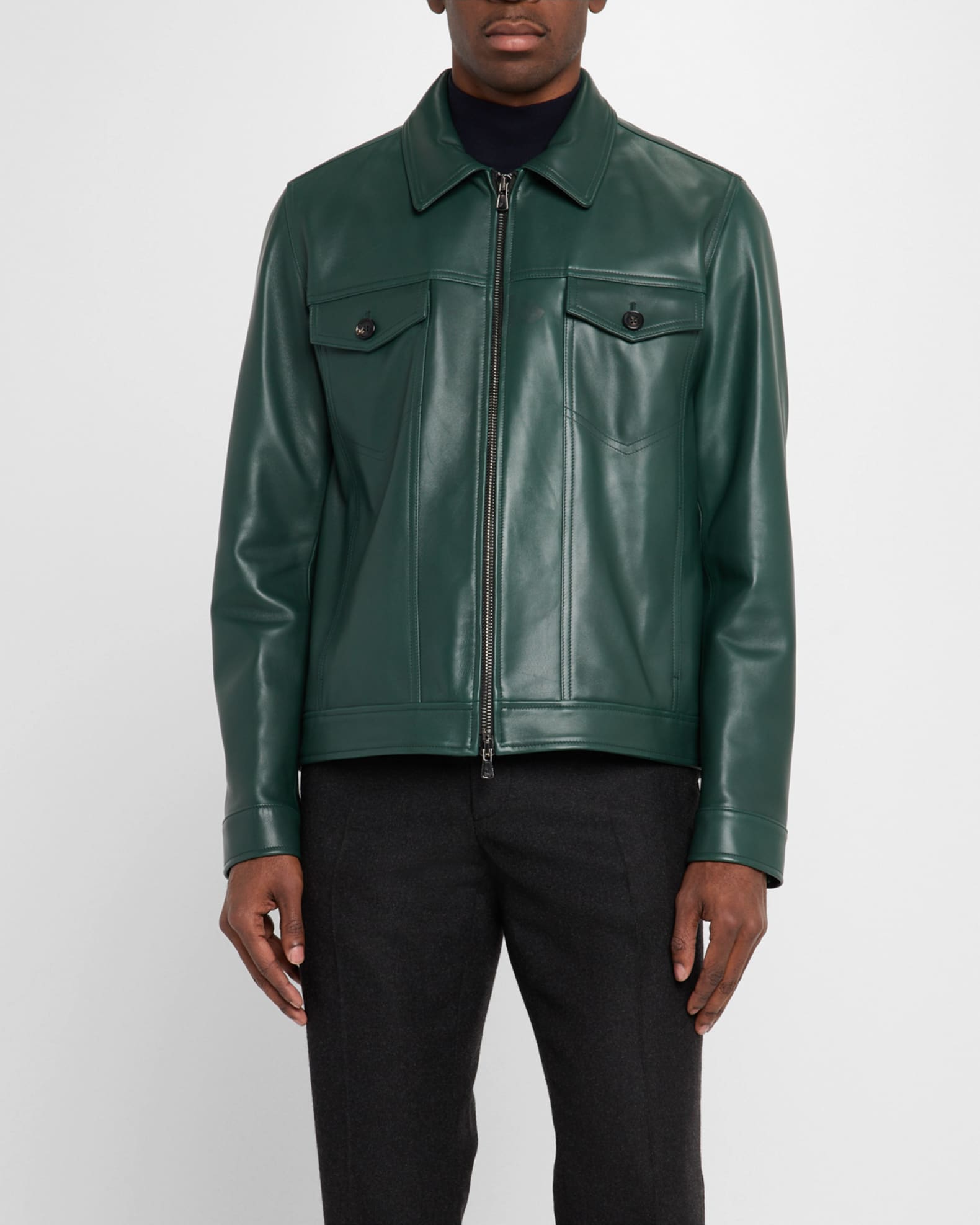 Isaia Men's Full-Zip Lambskin Trucker Jacket | Neiman Marcus