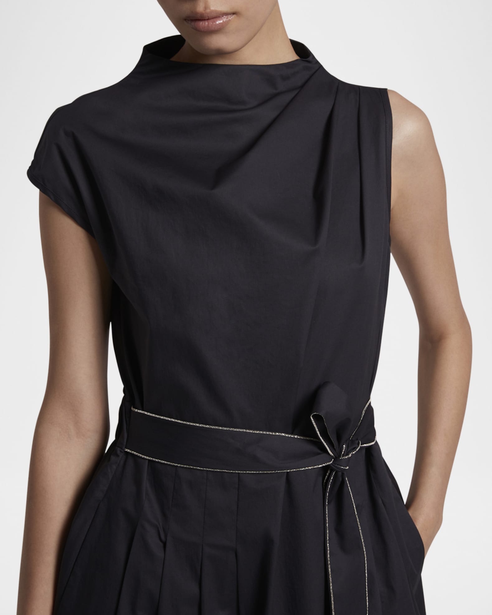 Asymmetric Pleated Funnel-Neck Midi Dress 1