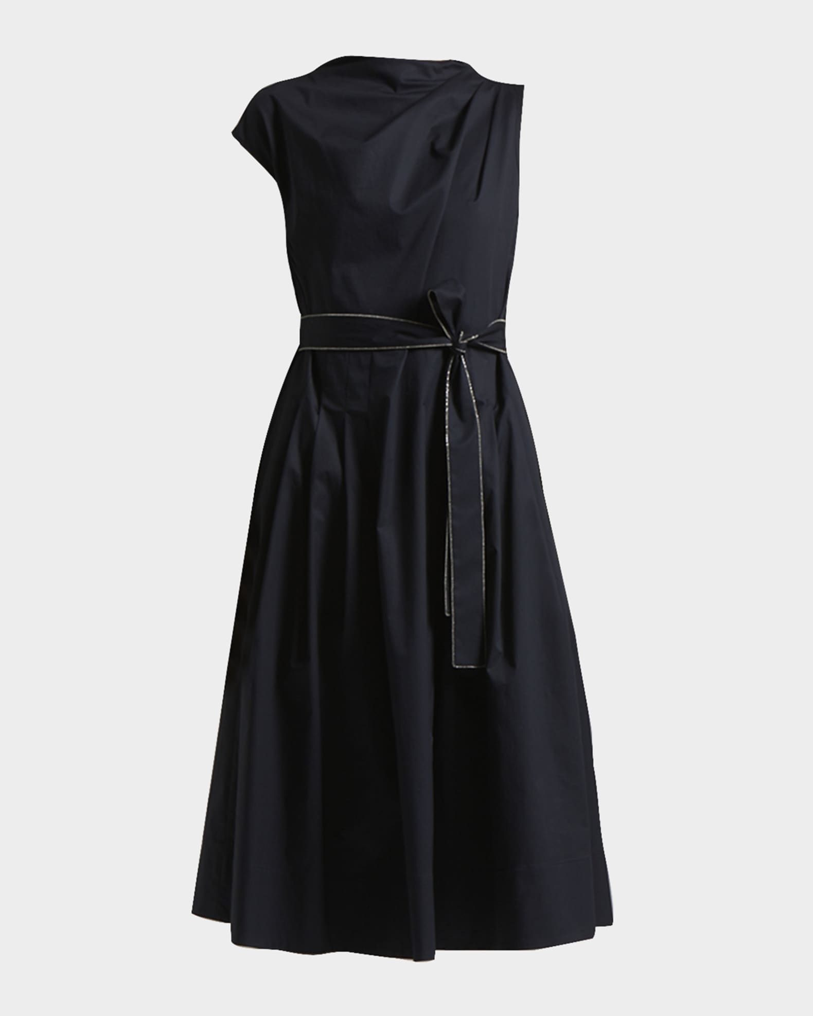 Asymmetric Pleated Funnel-Neck Midi Dress 0