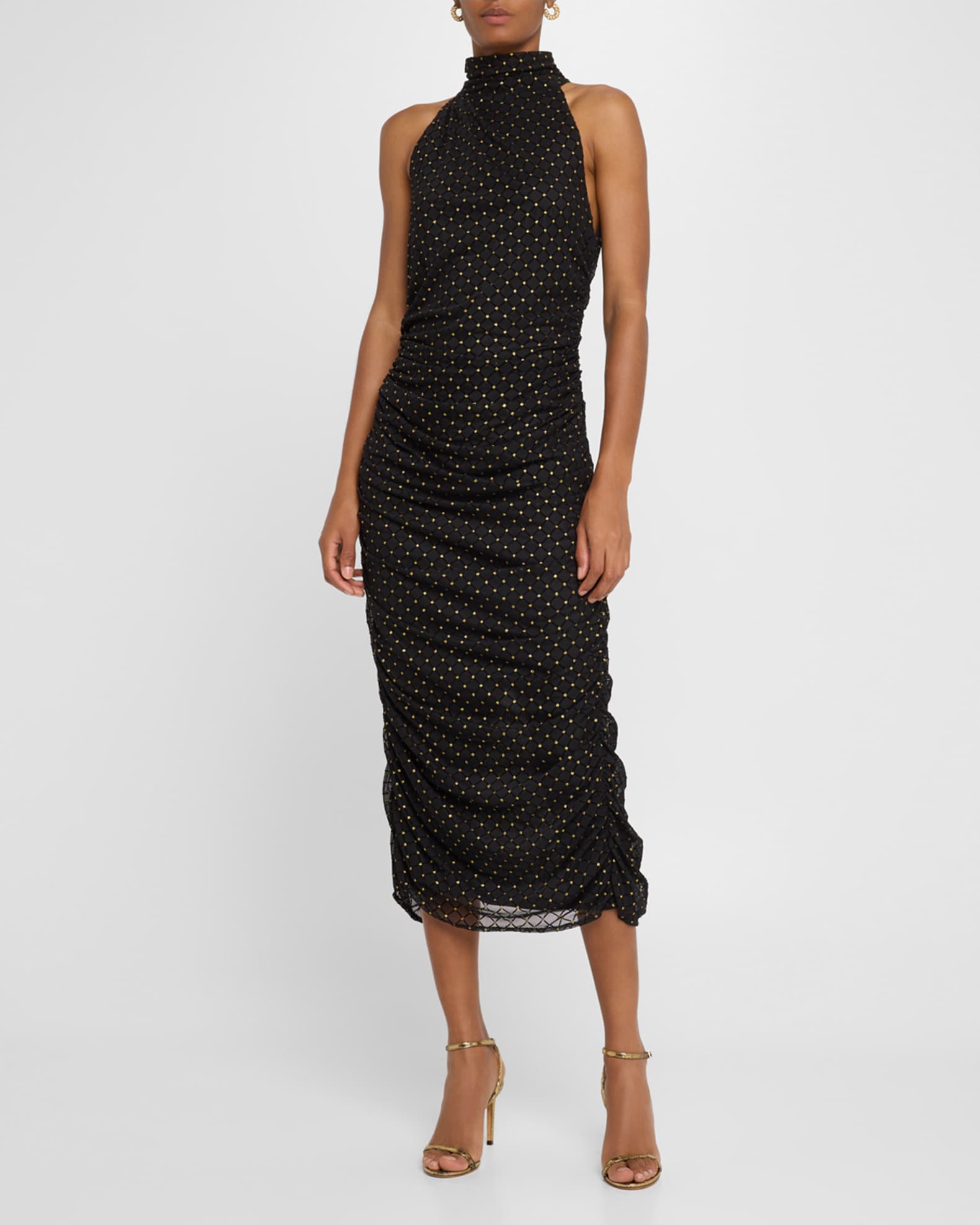 Ruched Shimmer Dot Halter Midi Dress 1