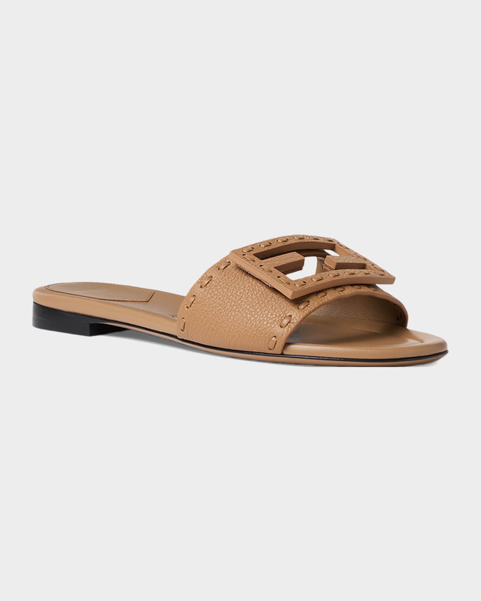 Fendi Baguette FF Leather Buckle Flat Slide Sandals | Neiman Marcus