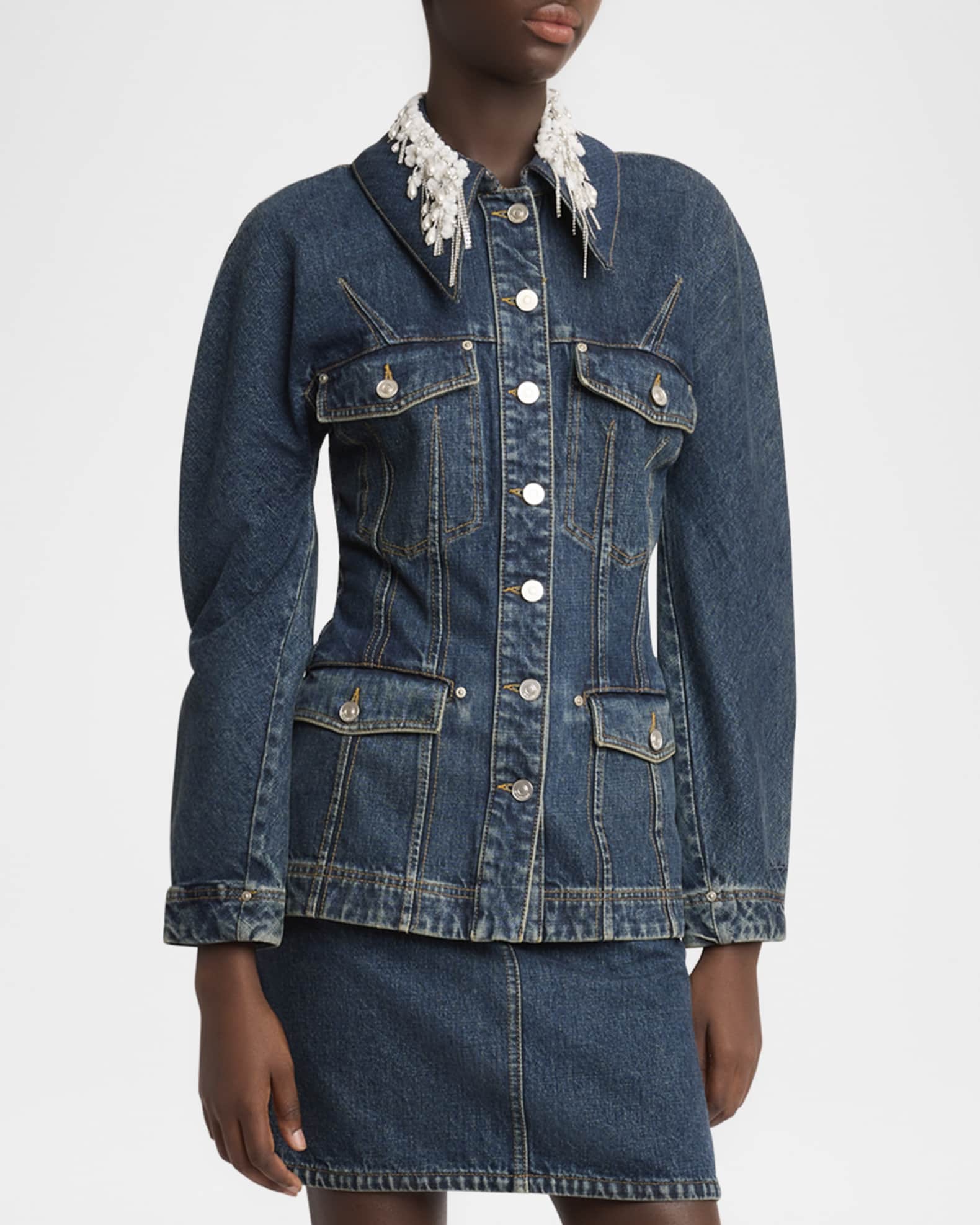Givenchy Pearly Crystal Collar Denim Jacket | Neiman Marcus