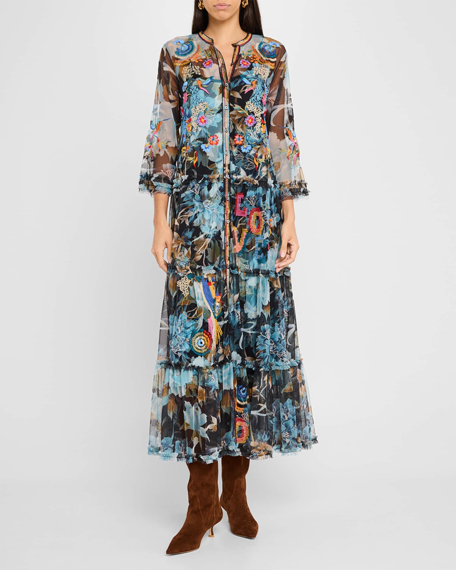 Mazzy Floral Print Embroidered Maxi Dress