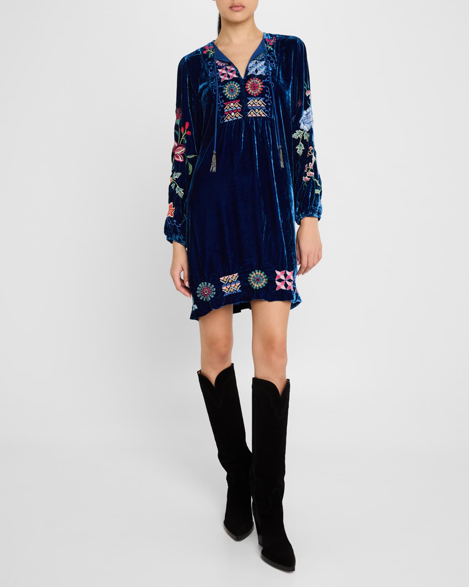 Johnny Was Embroidered Velvet Mini Shift Dress Bellwether