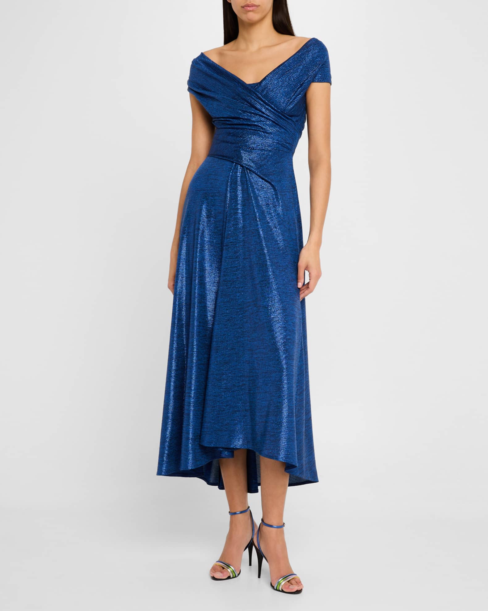 Reo Off-The-Shoulder Draped Metallic Midi Dress 1