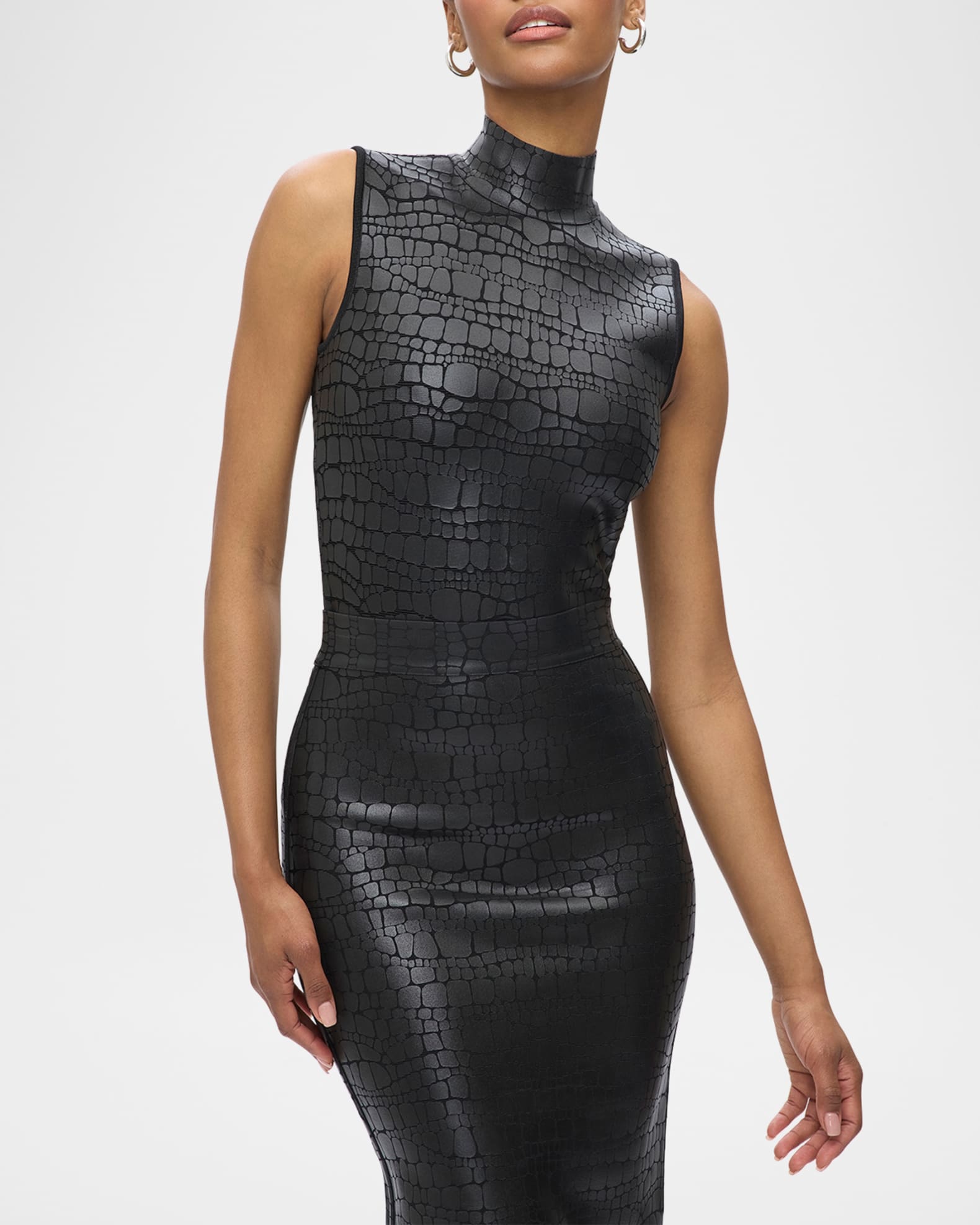 Herve Leger Clarice Mock-Neck Croc-Embossed Sleeveless Top