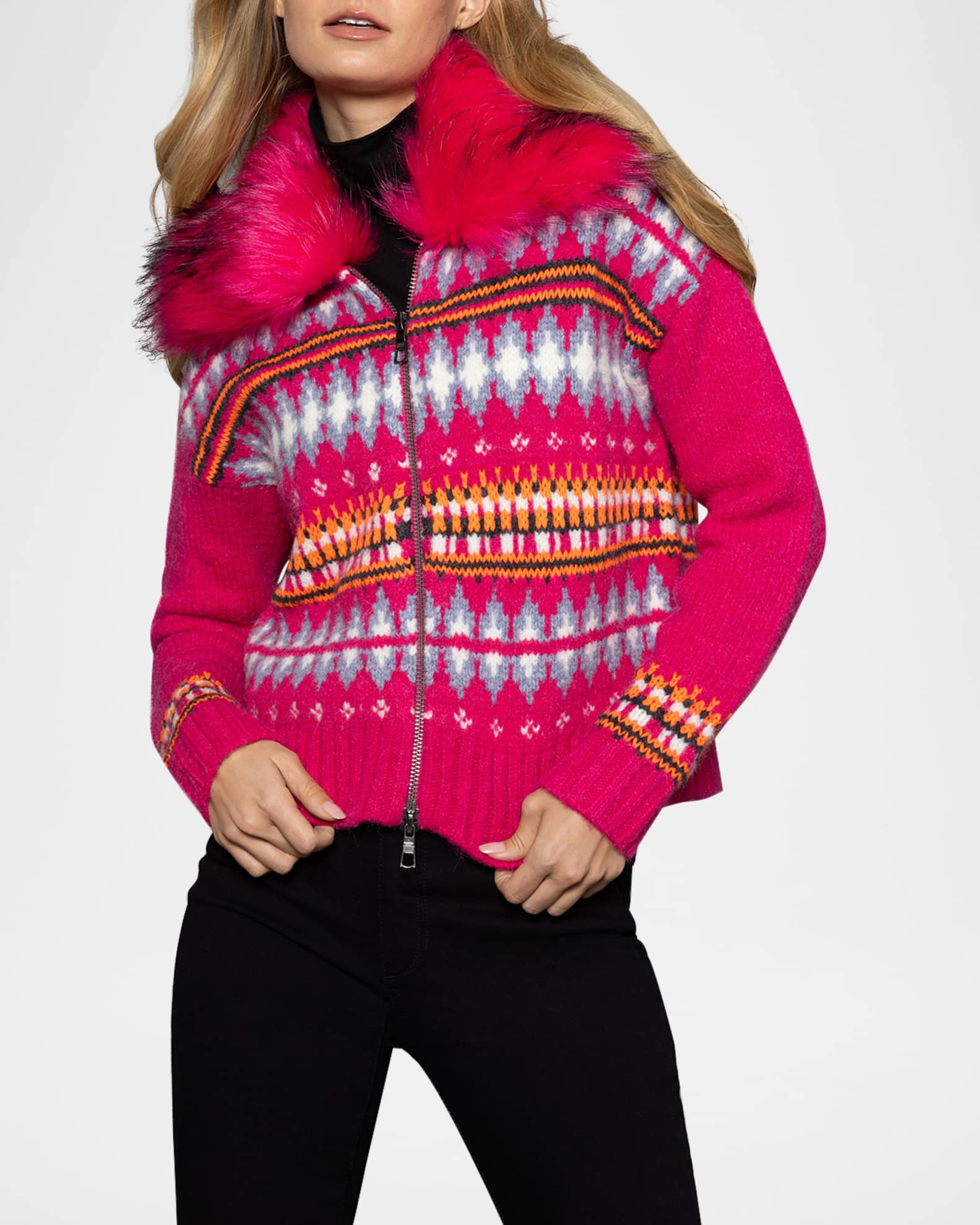 Lisa Todd Powder Puff Faux Fur Collar Fair Isle Sweater Neiman Marcus