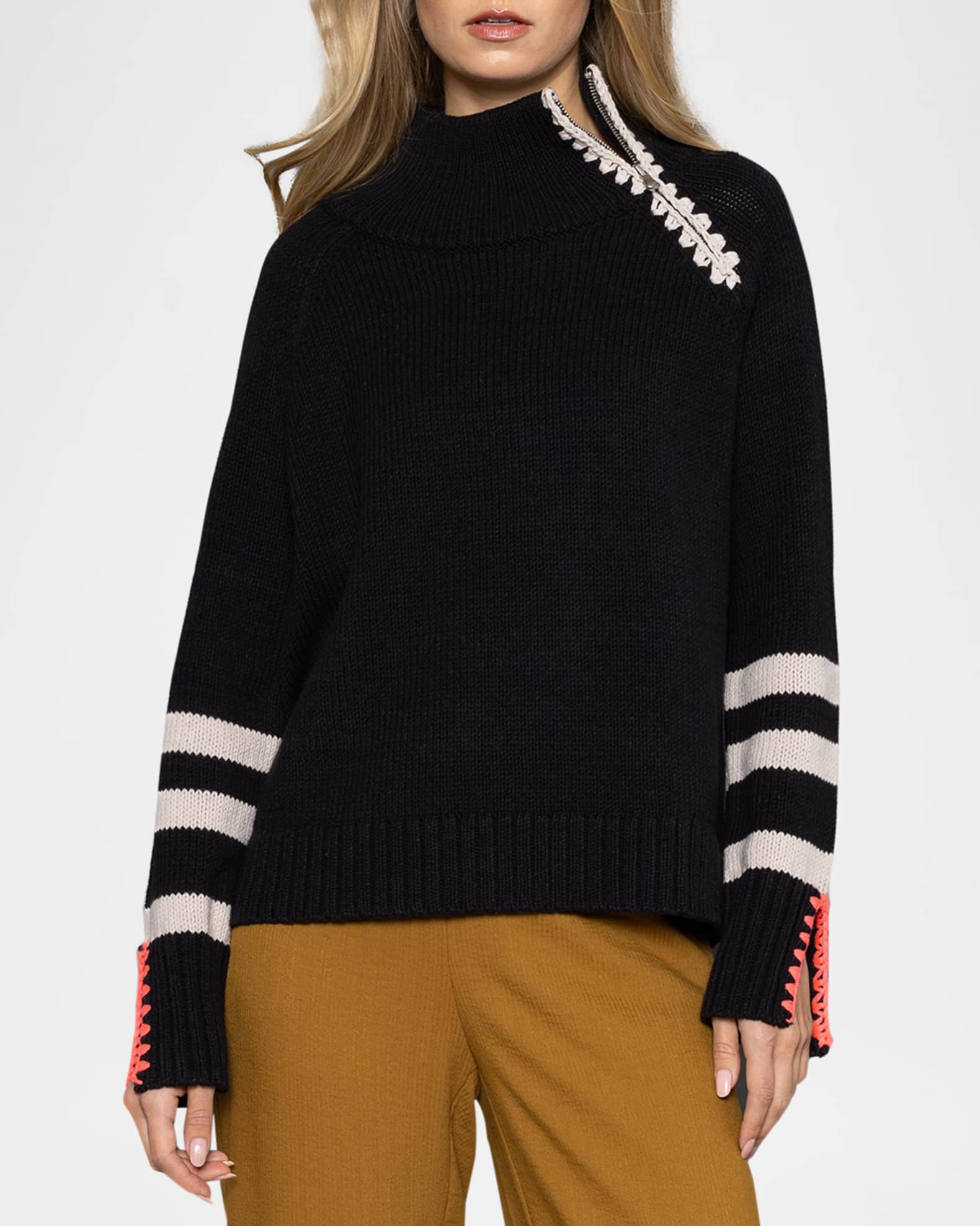 Unzipped Crochet Trim Knit Sweater