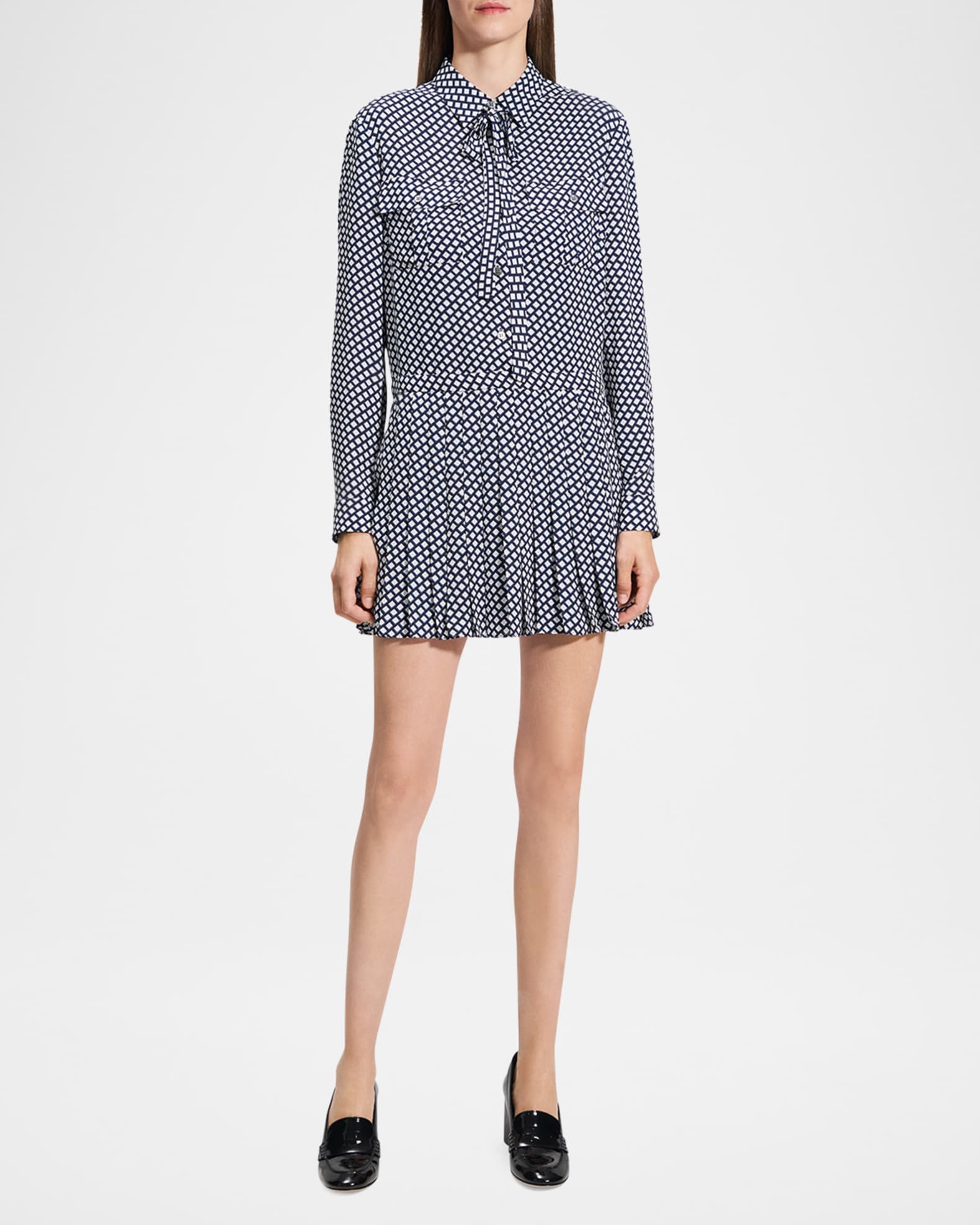 Diamond Printed Pleated Neck-Tie Mini Dress 1