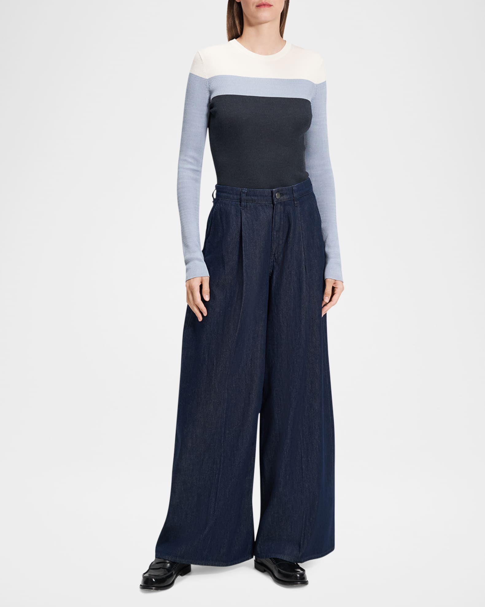 Denim Pleated Wide Leg Pants
