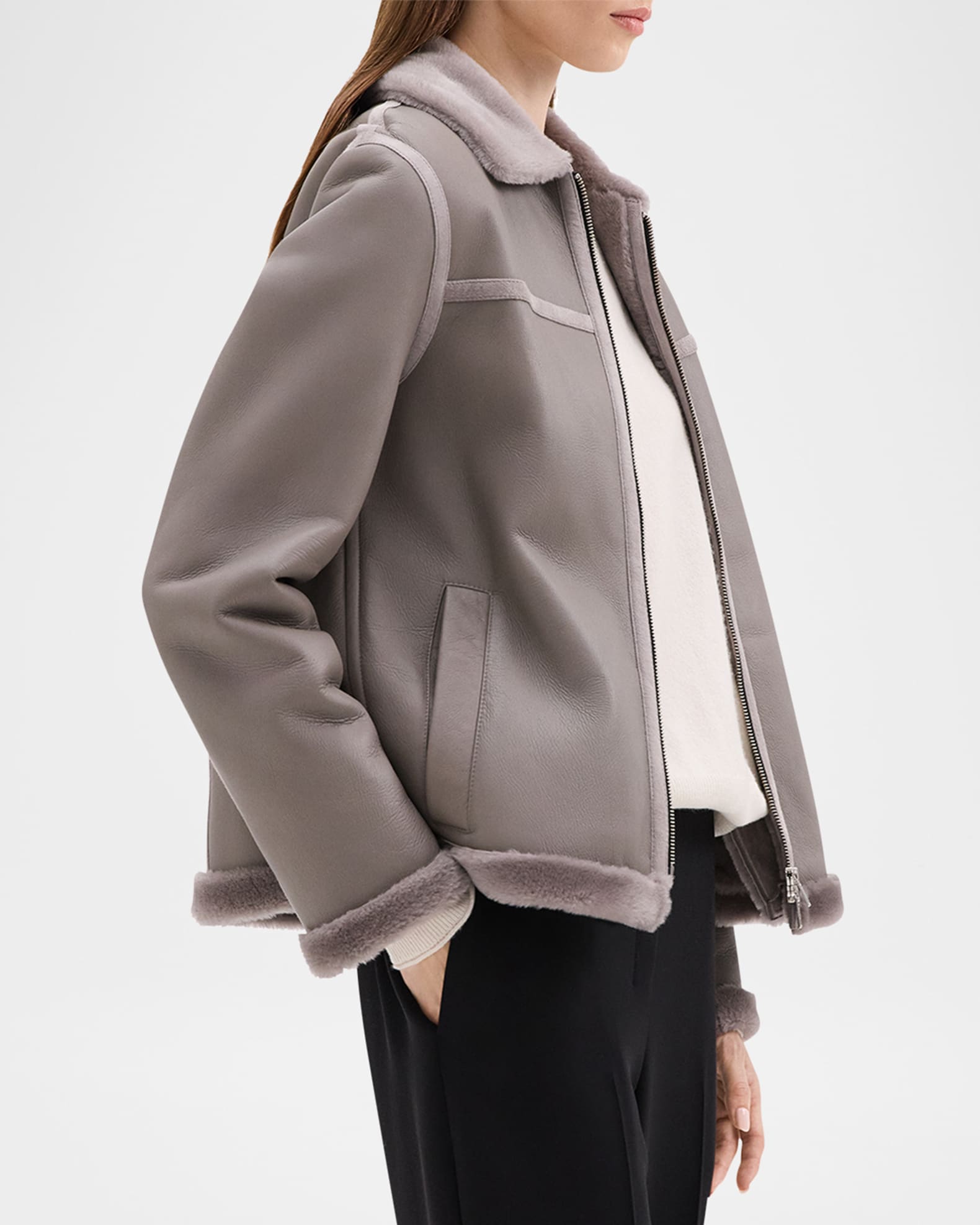 Theory patent shearling jacket online
