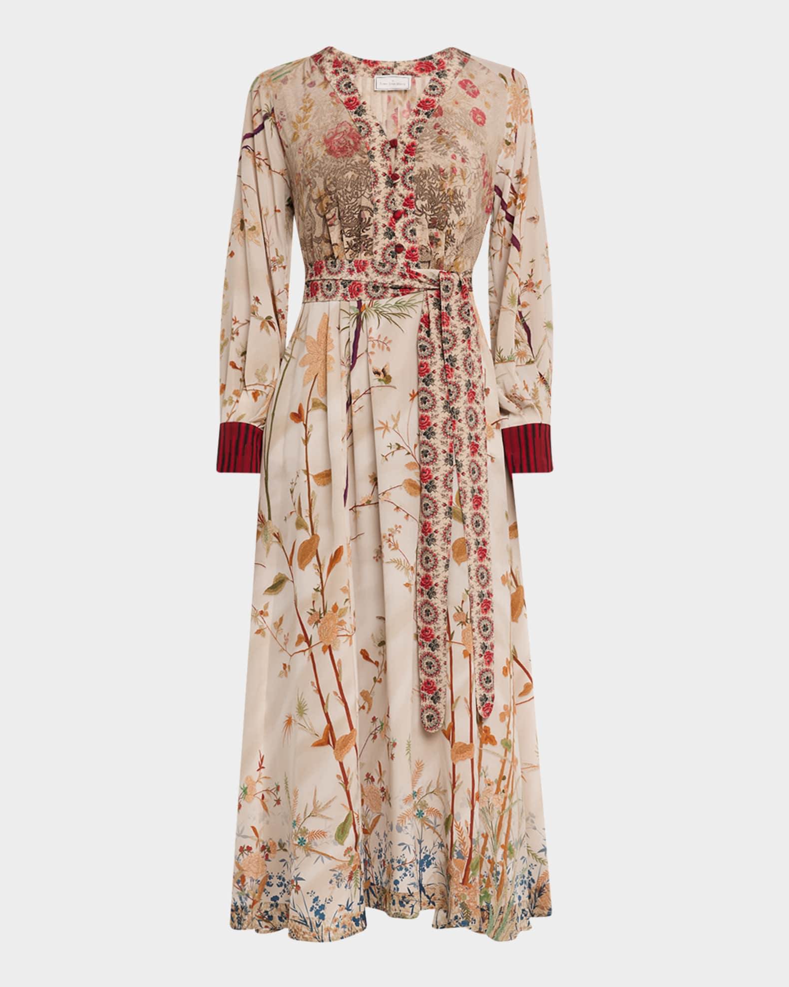 Floral & Bird-Print Silk Maxi Dress 0